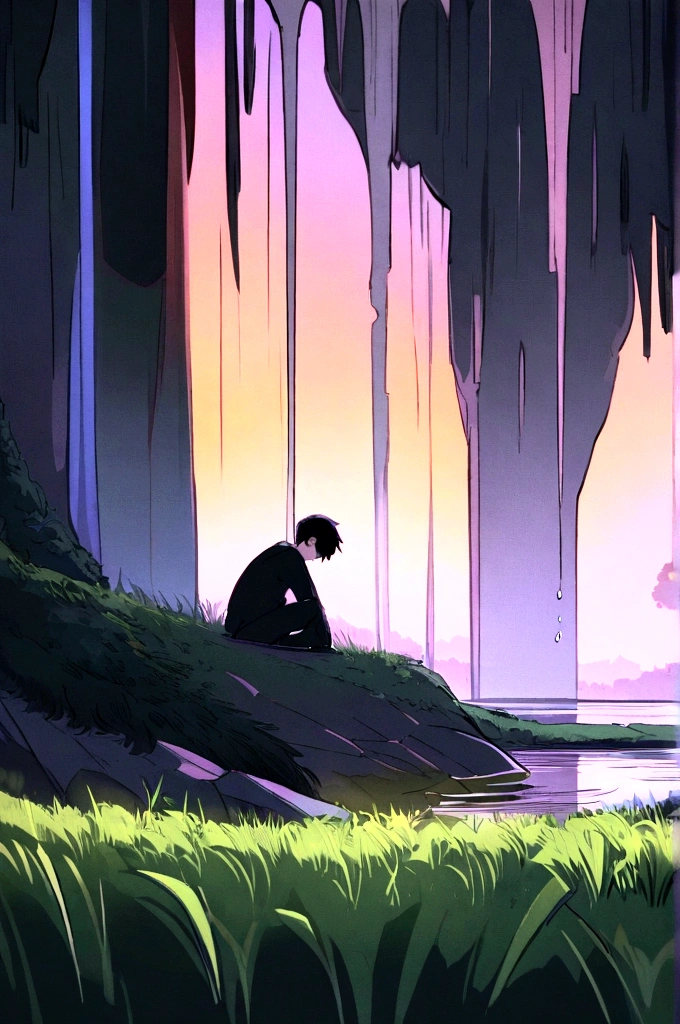 A sad boy sitting alone in sunset in wide area covered with grass , in sideways a waterfall, in up crow group, professional style, extra detailed, anime style , high resolution, extra quality,HD clarity , colour full perfect grading