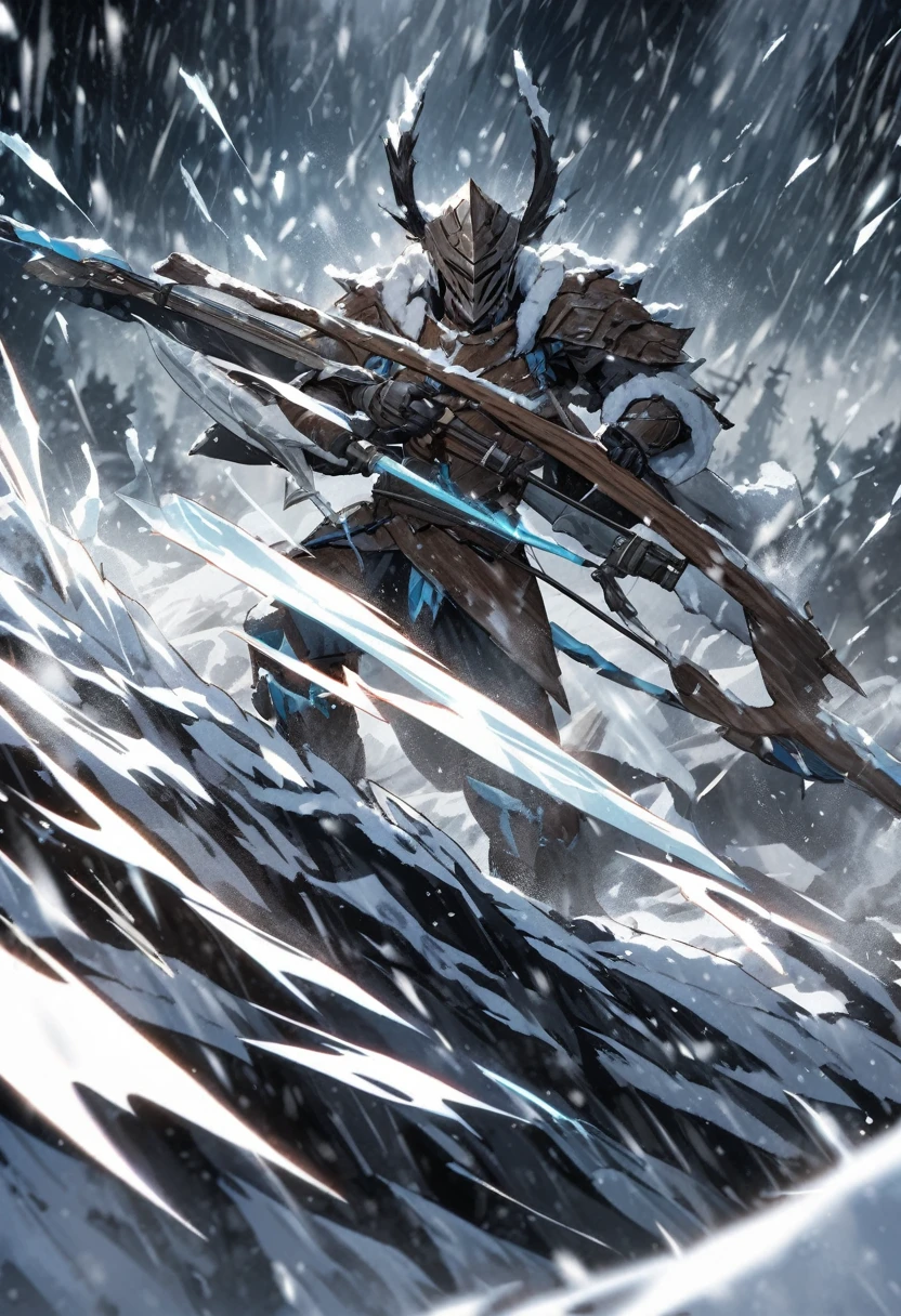 a extremely detailed warrior in wood like armor wielding a massive crossbow covered in snow and ice that needs both hands, surrounded by a blizzard