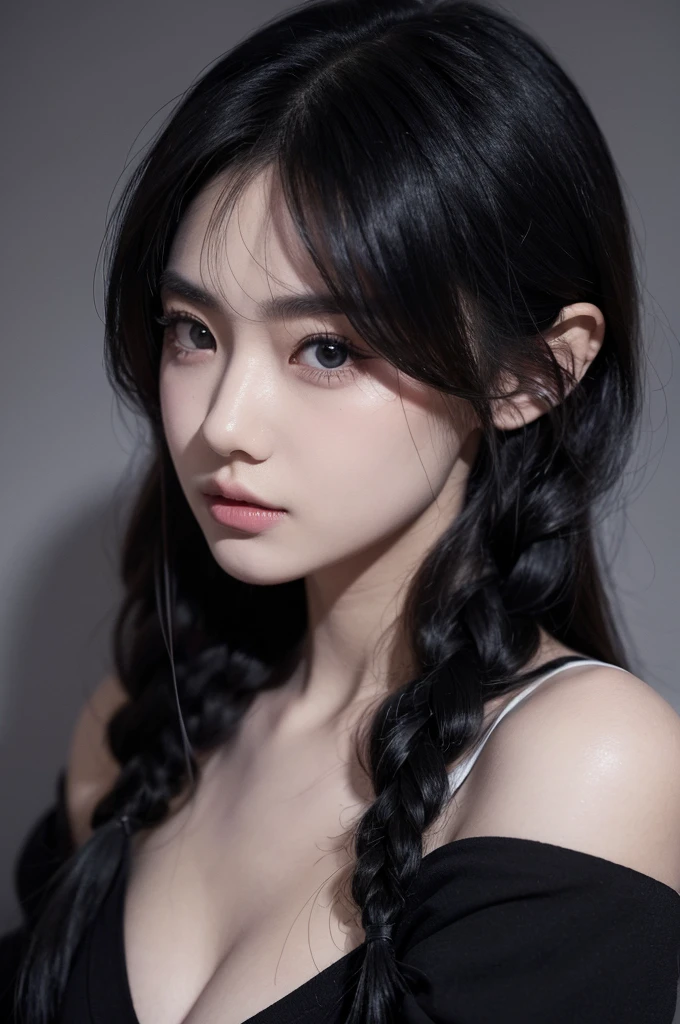 a girl with tied hair wearing black clothes her eyes are also striking and a man with a striking look looking at her closely he is also wearing black clothes and in the background a more or less dark concealer