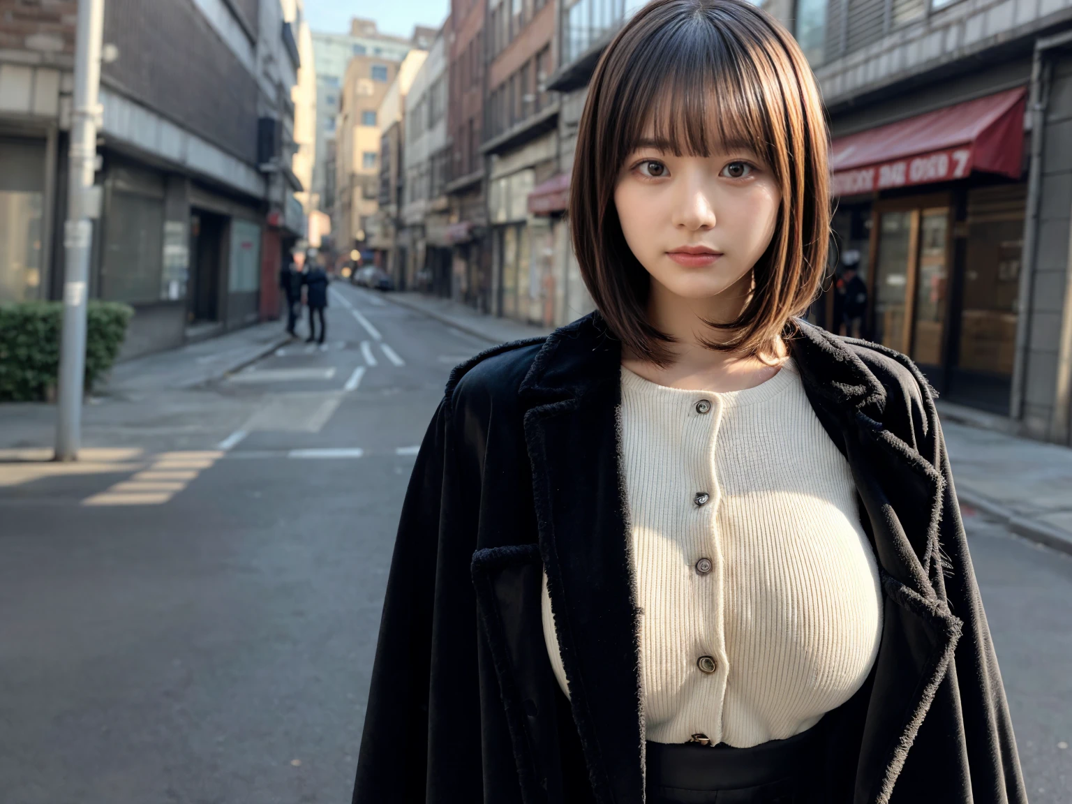 1 girl, With bangs,Beautiful black hair,Woman with straight medium bob cut,huge breasts,,21-year-old female,(((No hat))),Aspacarina,((Shy expression)), large breasts, expresses the roundness and softness of your chest, Don't expose it,Very beautiful eyes, ,(((Wearing a tattered black coat))),,(make:1.4),Big eyes,Hip Hop Dancer,Gangster style long pants,8k,High resolution,Gangster style,(head shot:1.5)