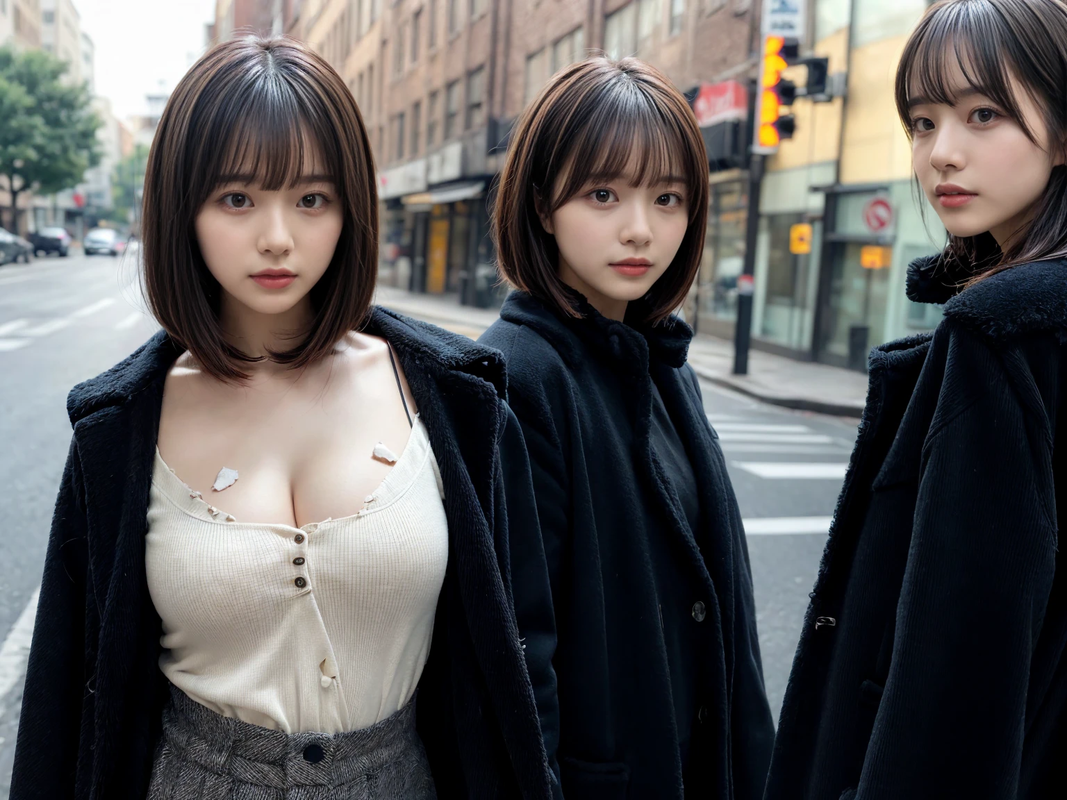 1 girl, With bangs,Beautiful black hair,Woman with straight medium bob cut,huge breasts,,21-year-old female,(((No hat))),Aspacarina,((Shy expression)), large breasts, expresses the roundness and softness of your chest, Don't expose it,Very beautiful eyes, ,(((Wearing a tattered black coat))),,(make:1.4),Big eyes,Hip Hop Dancer,Gangster style long pants,8k,High resolution,Gangster style,(head shot:1.5)