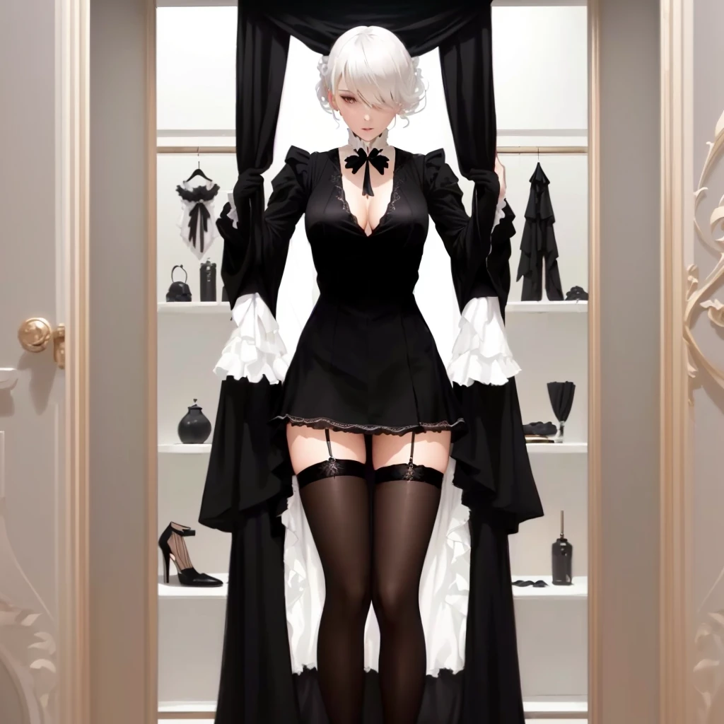 there is a woman in a black dress and stockings standing in a closet, 2b, 2 b, maid outfit, ((wearing aristocrat robe)), elegant wardrobe, lolish, magic , noire moody scene, anime girl wearing a black dress, outfit design, wearing fantasy formal clothing, inspired by Li Chevalier, girls frontline style
