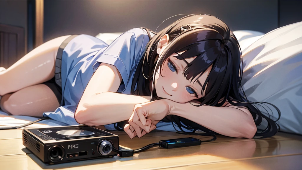 cassette tape、earphone、Lying on the floor in the room、Picture a person listening to music with their feet up on the bed。  detailedな顔、(masterpiece) (Highest quality) (detailed) (8K)、Background is blurred、Portrait Photography、