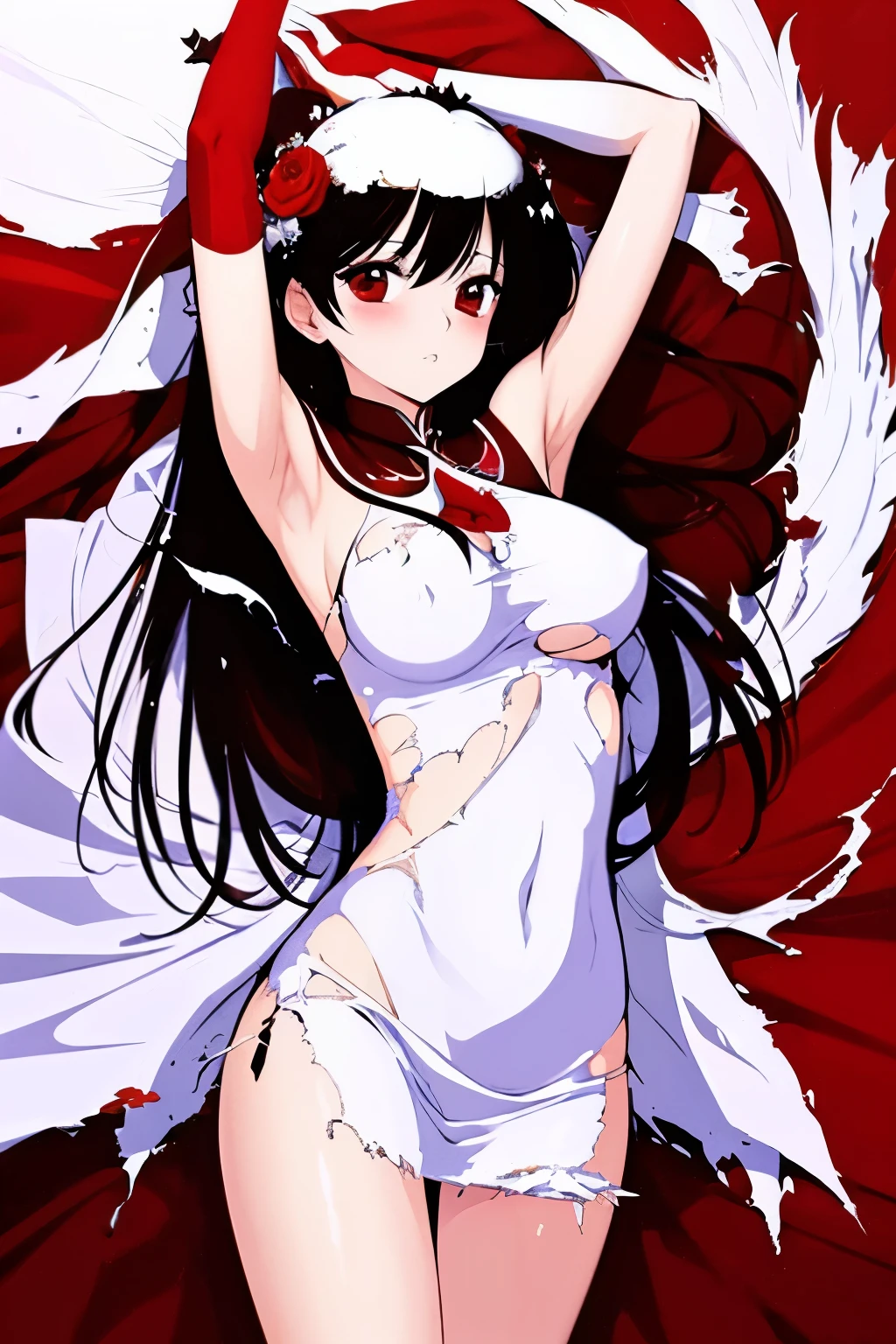 best quality,masterpiece,1girl, solo, (torn clothes:1.3), ,(red_and_white_dress:1.2),,rose,dark_background, flower, ice_flower, icicle,,floating_clothes