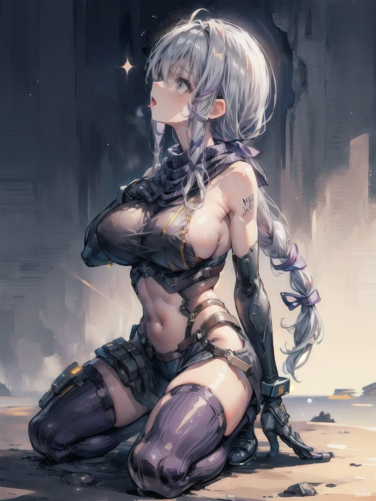 (masterpiece, highest quality, Perfect Anatomy, Fabric Shading, Glowing Skin, Detailed skin,) BREAK,
(clair lasbard, long ponytail,long ponytail, hair ribbon, striped scarf. large breasts, Cleavage), BREAK,
(cybgirlsav, outfit, sexy, neon, suit, side boob)BREAK,
(looking away,looking up, hand on breast:1.2)BREAK,
Cave, ruins background, outdoors, BREAK,
(profile, kneeling, french kissing, open mouth, tongue out:1.3)