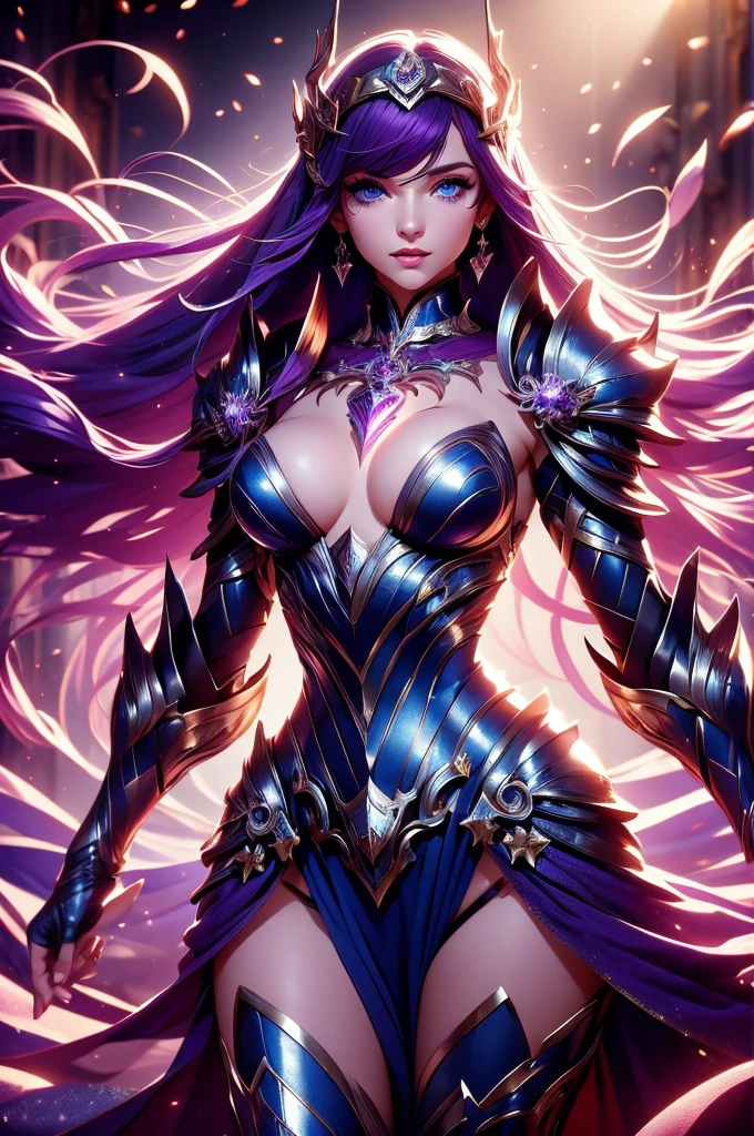 one woman, 25 year old, Greek goddness, purple hairs, blue eyes, greece, ancien temple, perfect bosy, masterclass, HD, 8k, wearing an armor, white cape, enegy aura