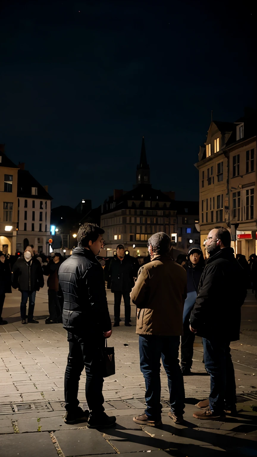 several people gathered and talking in horror in a city square