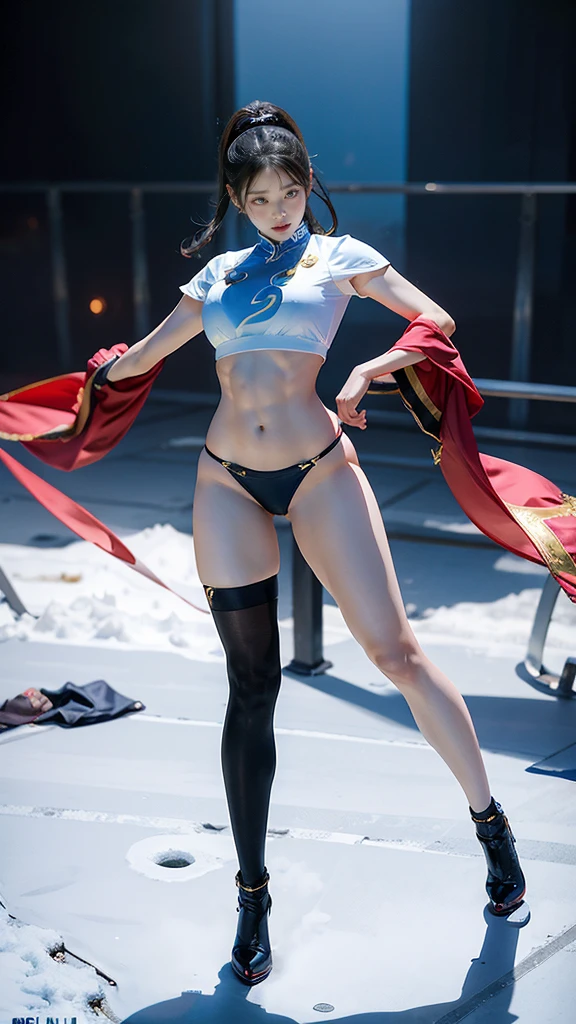 Chun-Li, wide hips, attractive, long legs, beautiful eyes, Beautiful whole body, small breasts, 섹시한 Chun-Li 의상, tempting, Abs, Plump body shape, thick jangdanji, thick thighs, black hair, red eyes, realistic black stockings