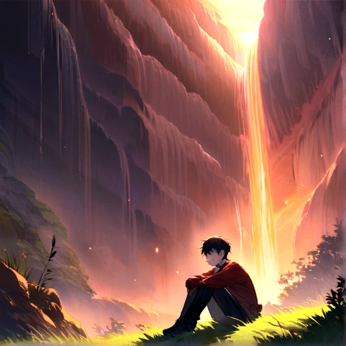 A sad boy sitting alone in sunset in wide area covered with grass , in sideways a waterfall, in up crow group, professional style, extra detailed, , high resolution, extra quality,HD clarity , colour full perfect grading
