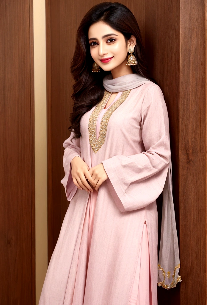 Janat Mirza is、Wear casual clothes、Smile、whole body