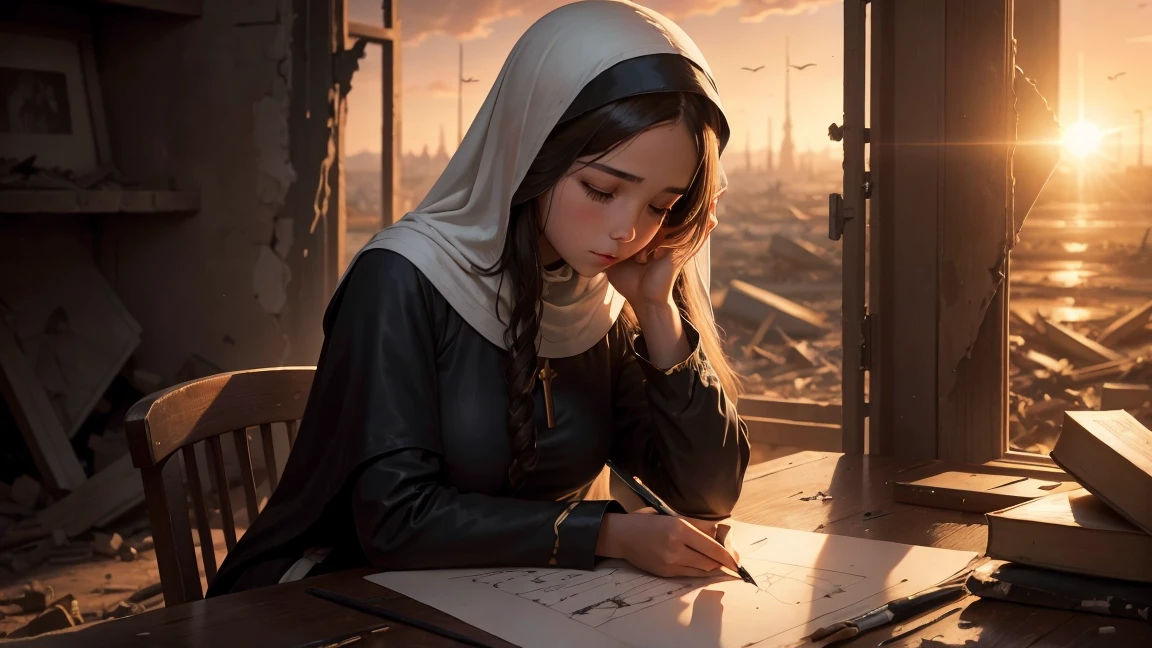 A young woman draws a Virgin Mary in the midst of wars, devastation, and devastation as the sun rises