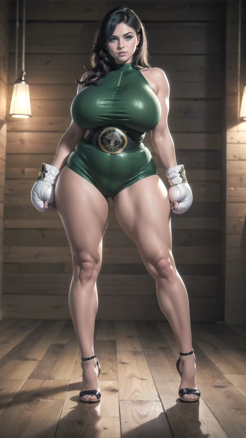 Stunning and gorgeous curvy thicc mature woman, sexy, ((large firm breasts)), (green eyes), (8k, RAW photo, best quality, masterpiece:1.2),ultra-detailed, (high detailed skin:1.2), 8k uhd, dslr, soft lighting, high quality, jet-black hair, ((boxing shorts)), ((boxing gloves)), ((tiny waist)), ((thicc, thick thighs)), ((strong legs)), ((full body portrait)),
