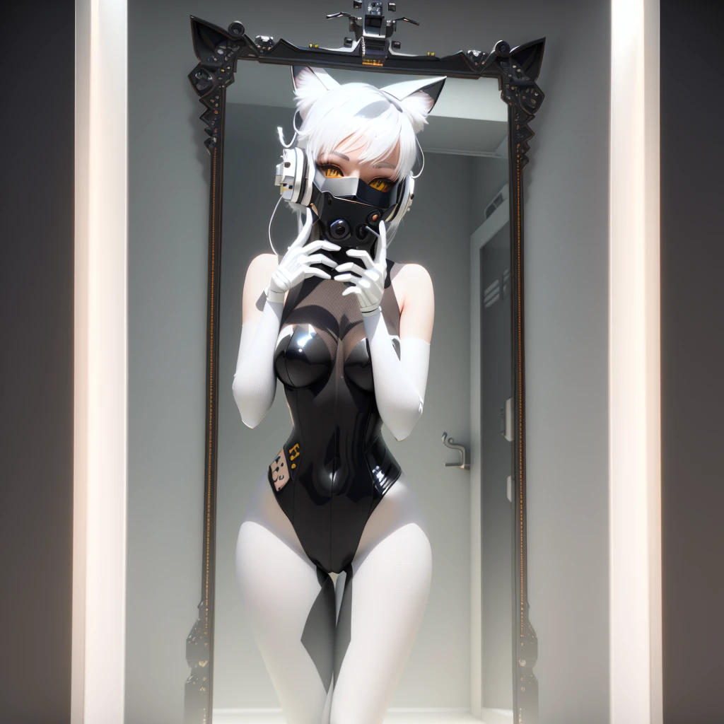 there is a woman in a cat suit taking a selfie, wearing cybernetic bunny ears, distorted pose, ( ( ( ( 3 d render ) ) ) ), with a mirror, artwork in the style of guweiz, white cat girl, inspired by Ray Caesar, 2b, 2 b, [ 4 k digital art ]!!, white fox ears