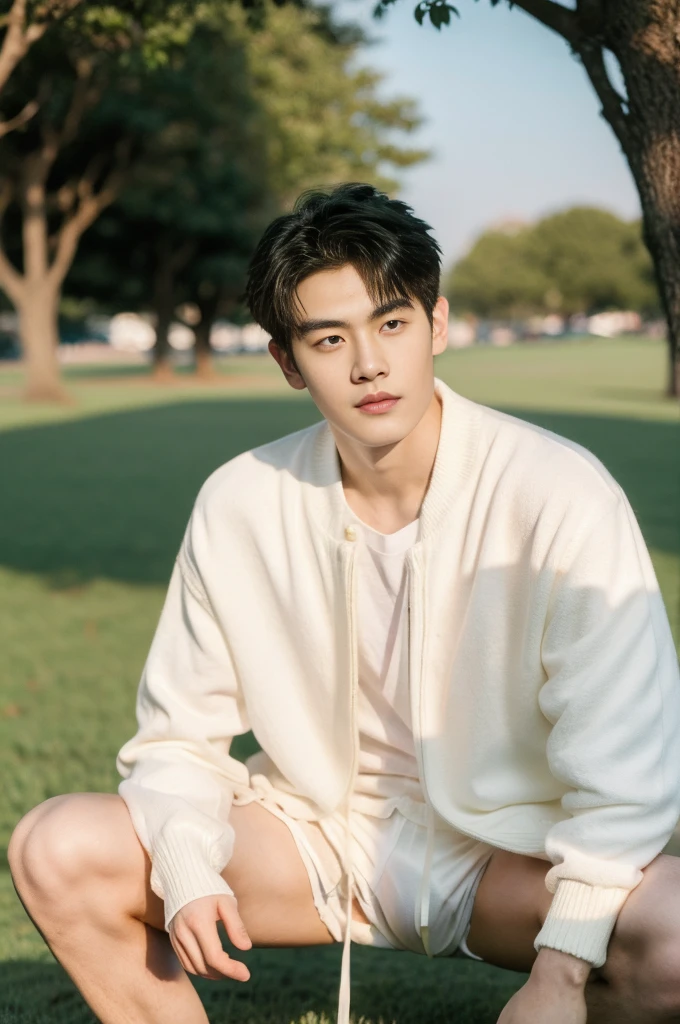 Asian muscular boy sitting on grass, sexy, Dark eyebrows, white shirt, wearing white thong high cut underwaer, white high cut Jockstrap, muscular young male, mid shot portrait, high quality portrait, Attractive pose, cute young man, gorgeous young model, portrait a 25 - year - old boy, casual photography, Realistic. Cheng Yi, cute young man, ((wearing micro string thong))
