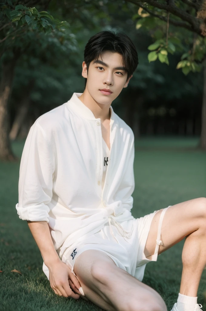 Asian muscular boy sitting on grass, sexy, Dark eyebrows, white shirt, wearing white thong high cut underwaer, white high cut Jockstrap, muscular young male, mid shot portrait, high quality portrait, Attractive pose, cute young man, gorgeous young model, portrait a 25 - year - old boy, casual photography, Realistic. Cheng Yi, cute young man, ((wearing micro string thong))