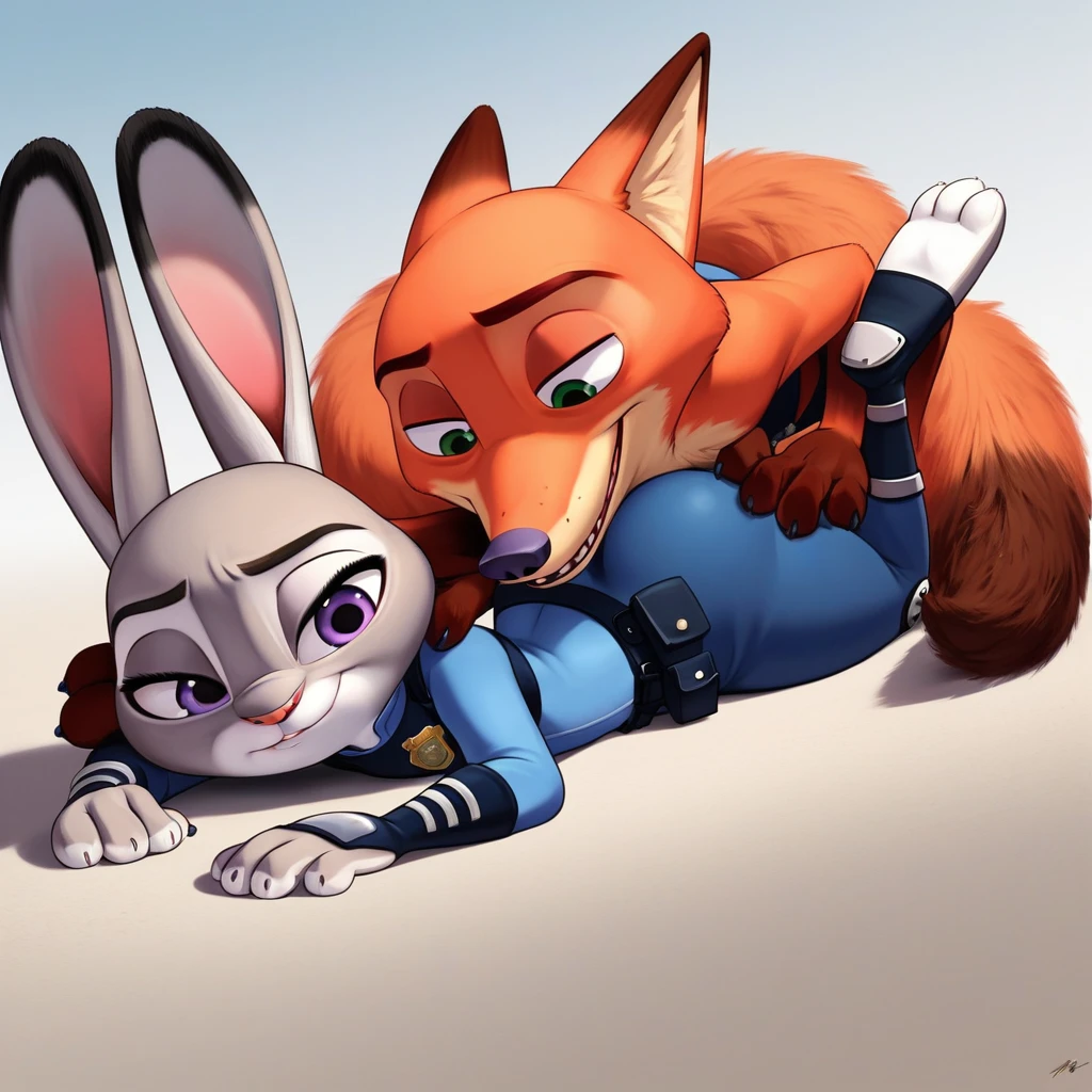 By disney pixar, 3d, duo, by qupostuv35, macro, ((judy hopps, lying face down)), female, zootopia, Police uniform, thigh crushing, (break, (micro nick wilde's  head between Judy's thighs)), butt