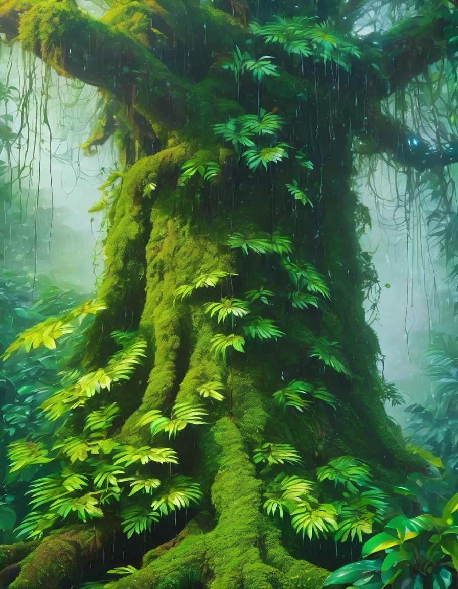 a bright vivid hand painted picture of a Banisteriopsis caapi vine and the leaves of the Psychotria viridis & mimosa hostilis flowering ayahuasca wrapping round a old tree in a rain forest of beautiful creation