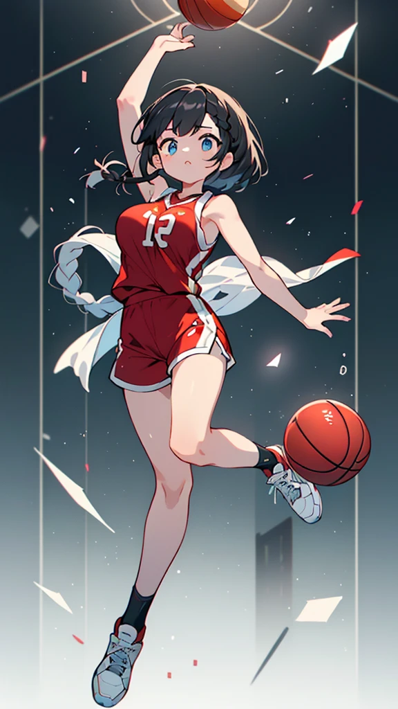Highest quality、High resolution、Detailed Background、Beautiful Face、High detail、(Perfect Anatomy, Perfect Style)、(Detailed facial expressions)、(fine grain:1.2)、age Beauty、(very wide shot:1.5, full body:1.4), One Girl、, Cute black hair、Braided Bob, Braided, clear, deep blue eyes、Braided Ponytail, Braided bob cut, Basketball game in the gym, jumping:1.5, dunking:1.5, brake, Incredible jumping ability:1.5, Suspended in the air in a shooting position:1.5, Incredible jumping power and long flight times, ((aerial view:1.5, shoot from behind:1.5, looking away)), (Bright red basketball uniform:1.5, White Line、Same color above and below, No sleeve:1.5, Shorts, High-cut basketball shoes)、(armpit:1.2), ((large breasts:1.2, pointy breasts:1.2, high breasts:1.2)), Throw a basketball held above your head into the top of the goal, Dunk Shot、The goal ring is 3m above the ground.