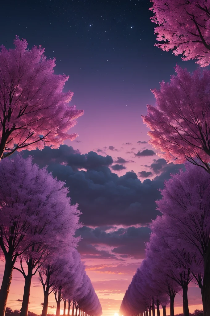 An avenue of the year 2031. The sky was purple and there was a sunset
