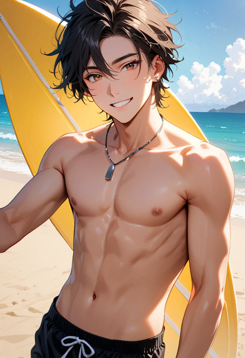 A young man, 22-years-old, solo, Caucasian, masculine face, shaggy tousled black hair, brown eyes, cheerful smile, mouth open, no shirt, shirtless, black swimming trunks, thin silver necklace, small silver earrings, beach, surfboard