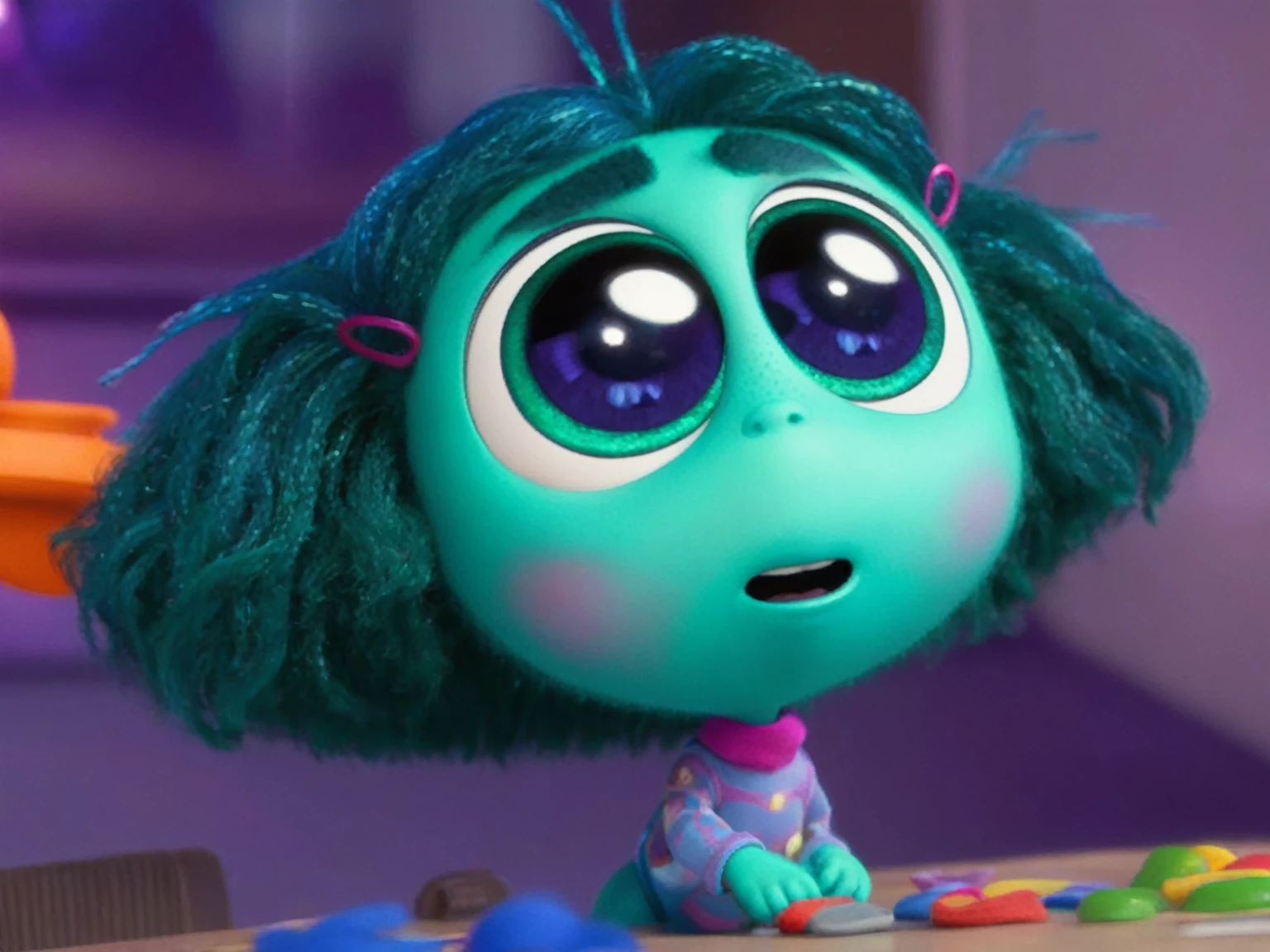 a close-up of a cartoon character with blue hair and green eyes, still from the movie alien girl, cute pixar character, pixar coronavirus movie, cute pixar character design, frame from pixar movie, pixar movie screenshot, still from the pixar movie, depicted como um personagem da Pixar, pixar doll deep focus, Still from a Pixar film, as a character from Pixar Consumption