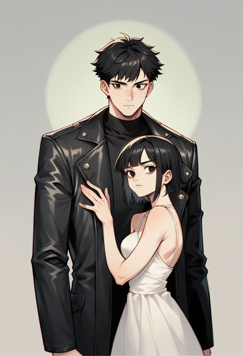 1 girl with medium blonde hair and dark eyes wearing a short white dress She is with 1 boy with black hair and black eyes, tatuados, and wearing black clothes with a leather jacket