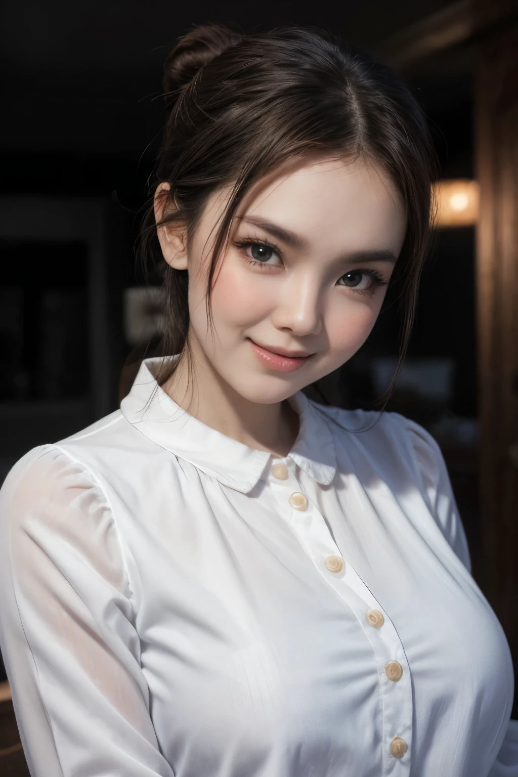 adorable, 1 girl, (face to face), , baby face, happy, half body portrait, (face details: 1), (eye details:1), ((big breasts)). wearing transparent transparency long shirt, .. Cute posed. proportional body. Ultra High Res. realistic: 1.4, UHD, poke a bun Hairstyle , lace 