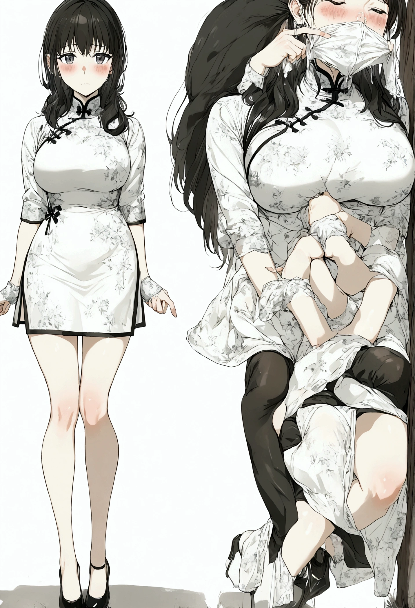 Anime. Girl. Cold. Runny nose. Nasal mucus. Snot. Snot flows from the nose. Handkerchief. Sneeze. Sneezing. Sneezes. Dress. Shoes. Standing. Embarrassment. Blush. Allergy. Strong desire to sneeze. She sneezed. hand covers nose. Blows his nose. Full height. Full body. High detail.
