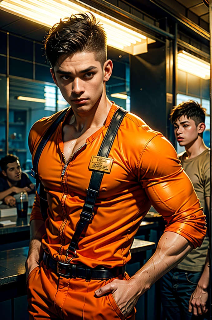 Cute prison boy, orange suit, 5 boys talking, cute boy, strong, muscular