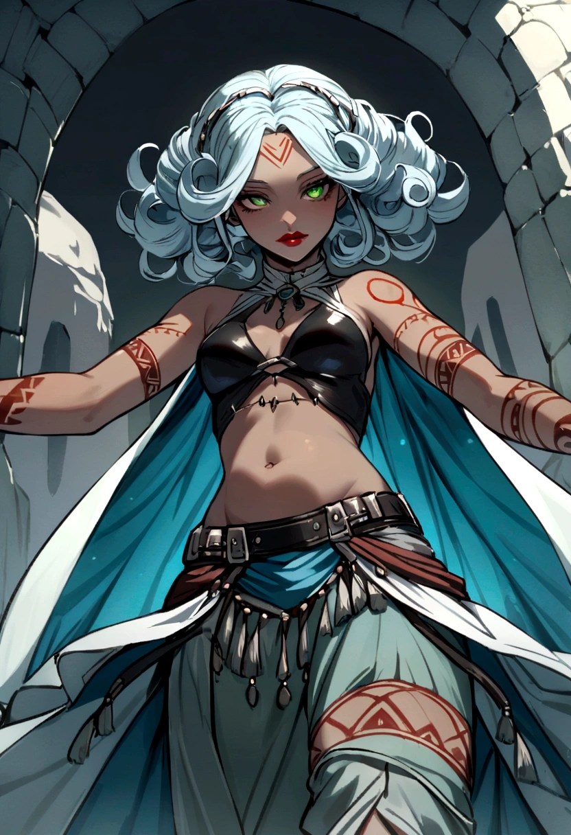an corrupeted water spring nymph her skin is grey pale, ligh blue short curly hair, green spectral eyes, red lips, and body. she's wearing a leather top and pants with overskirt. tribal marks on her arms and belly.
