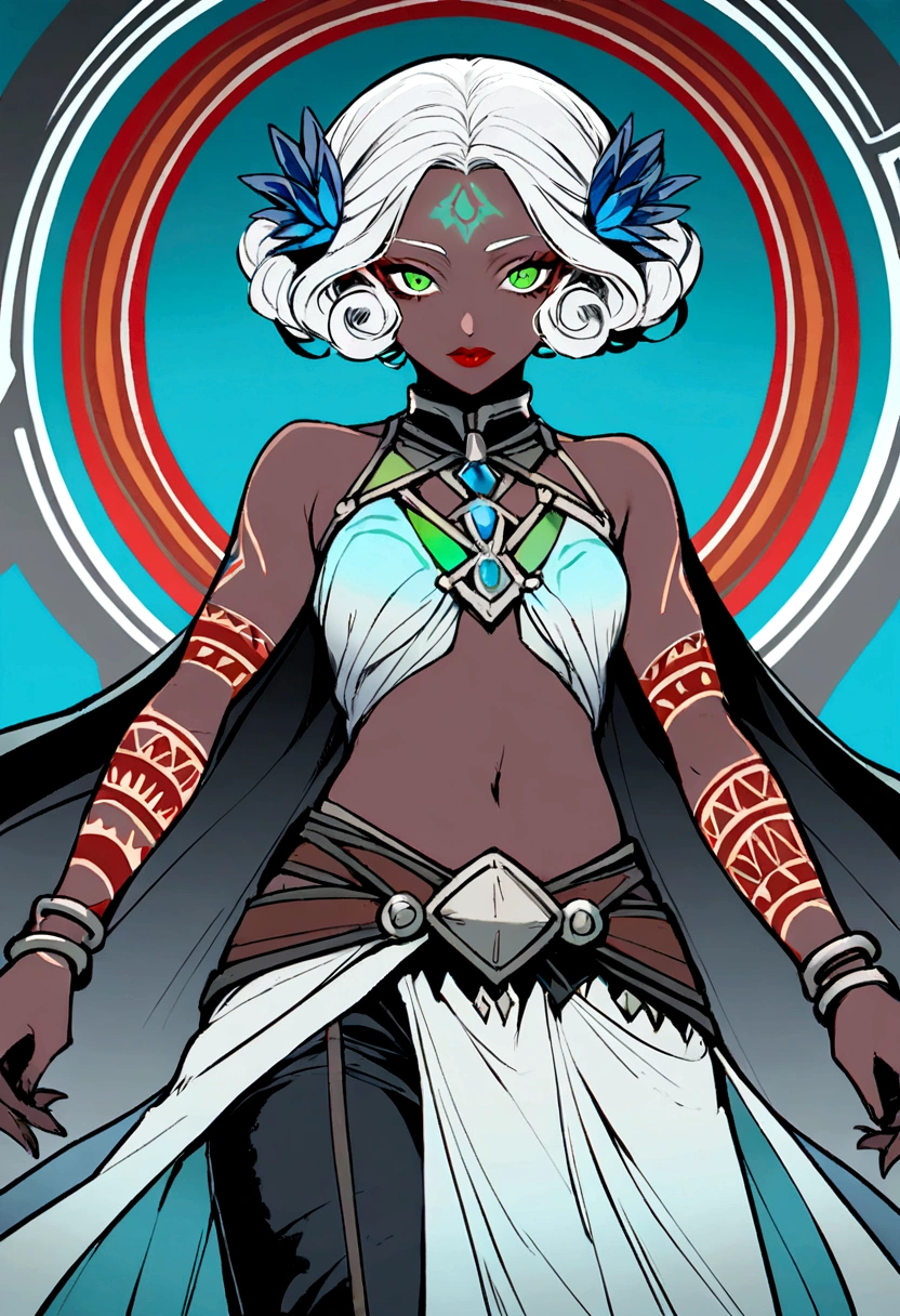 an corrupeted water spring nymph her skin is grey pale, ligh blue short curly hair, green spectral eyes, red lips, and body. she's wearing a leather top and pants with overskirt. tribal marks on her arms and belly.