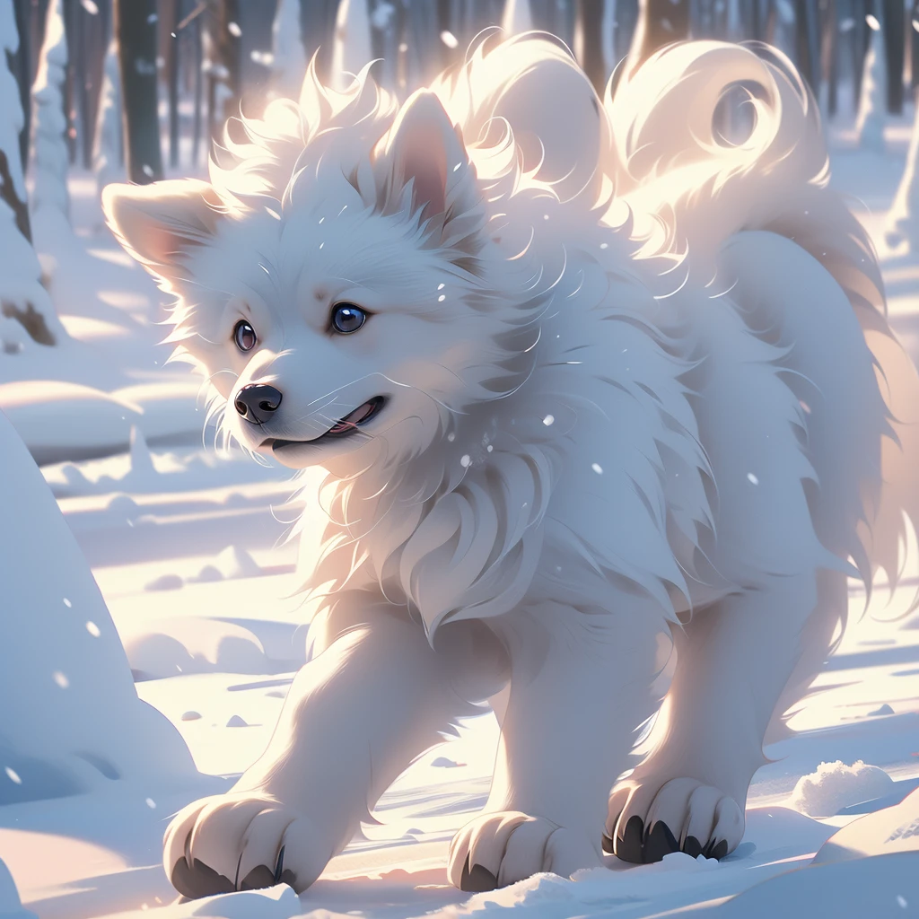 super high definition alaskan dog playing in the snow, full of childlike innocence shows an alaskan dog rushing forward 8k high definition v 4 ar 2:3 1