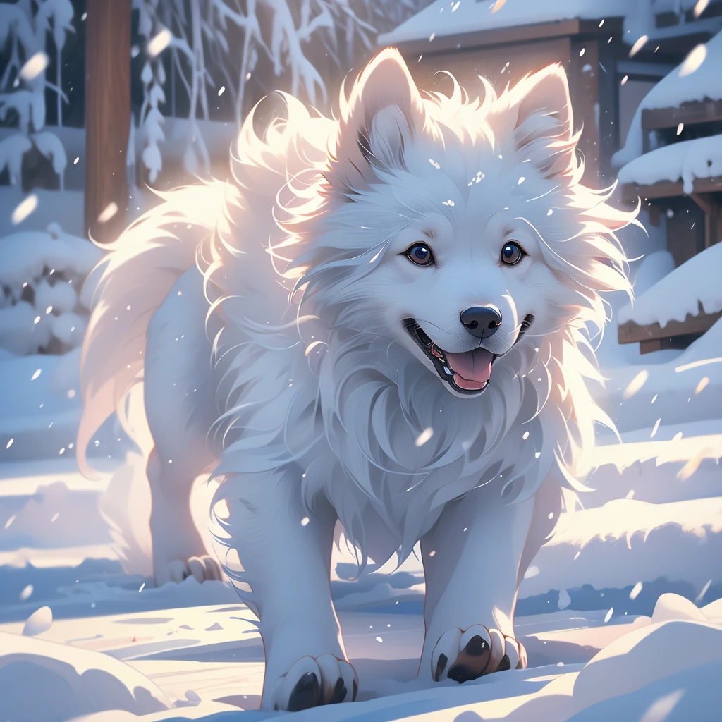 super high definition alaskan dog playing in the snow, full of childlike innocence shows an alaskan dog rushing forward 8k high definition v 4 ar 2:3 1