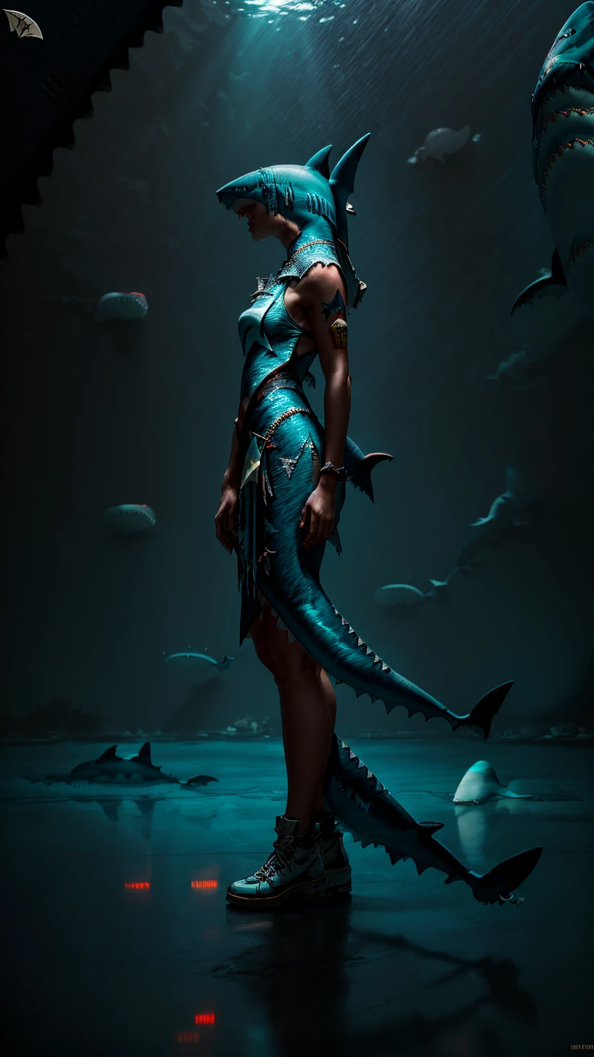 full body, general shot, ((A hybrid girl with shark fin and shark tail:1.6)), wearing elegant modern clothes, walking on the streets of New York, neon lights, masterpiece, detailed facial features, expressive eyes, beautiful lips, delicate skin, graceful pose, dynamic motion, urban cityscape, neon signs, skyscrapers, reflections, cinematic lighting, vibrant colors, photorealistic, 8k, hyper detailed, studio lighting, physically-based rendering, concept art