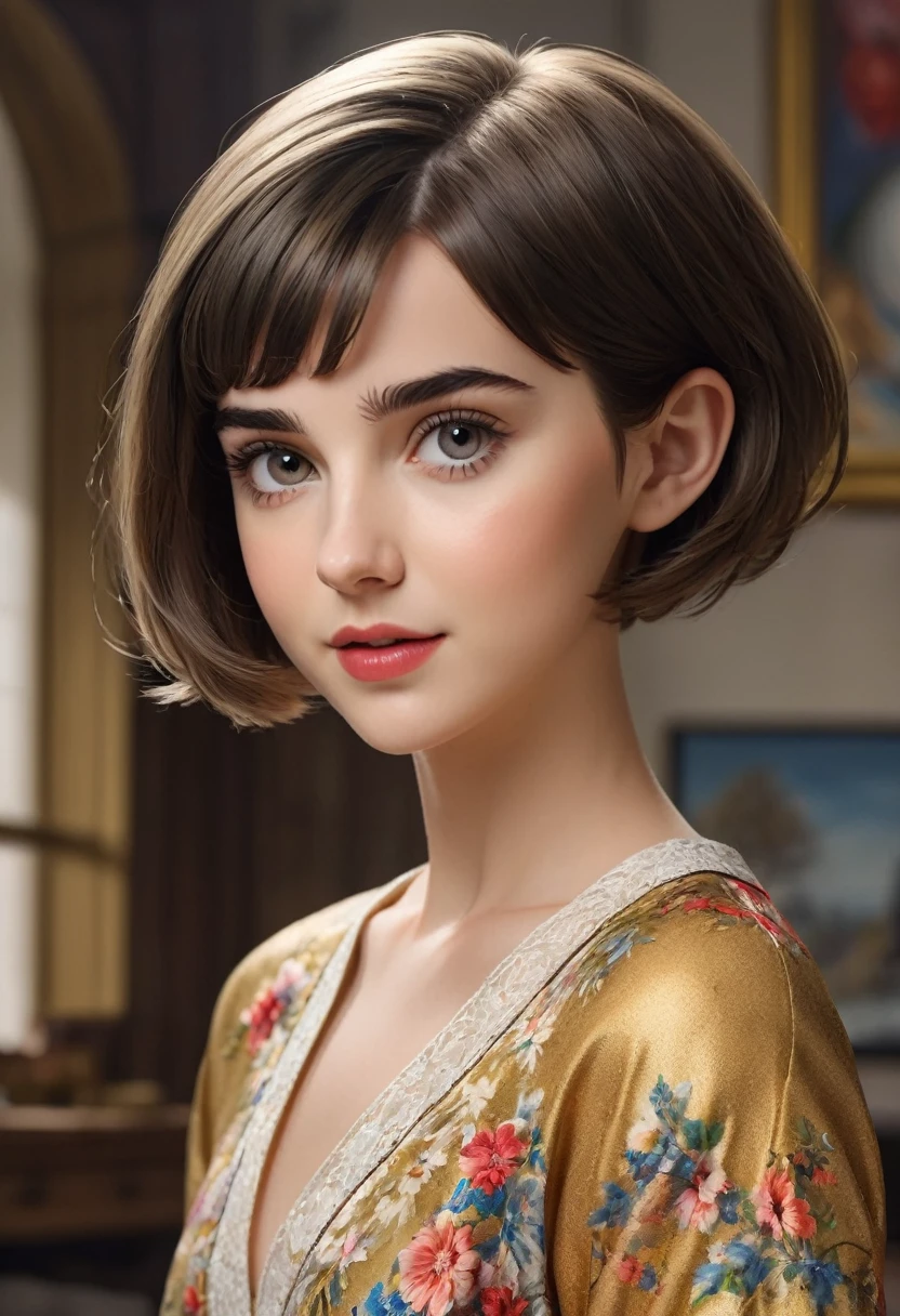 (best quality, 8K, 32k, masterpiece, Ultra HD:1.2) "Create a fascinating work of art,Featuring a young short-haired girl model, #13: Sleek Black Hair with a Chic Bob Hairstyle. Envision her bathed in dramatic Movie lighting, Create an atmosphere of charm and mystery. Emphasize romantic aesthetic atmosphere, Showing the model maintaining a calm and elegant pose,Evokes feelings of intimacy and maturity. Use warm and soft tones to enhance the romantic atmosphere, And consider adding elements like flowing fabrics or flowers,Add a touch of elegant beauty. Capturing the essence of romance and beauty through the model's expressions, The interpretation of light and shadow, And the overall beauty, Create a visually striking、Emotionally resonant works." (Perfect eyes), Flawless skin, Flawless face, Movie, Firm body,