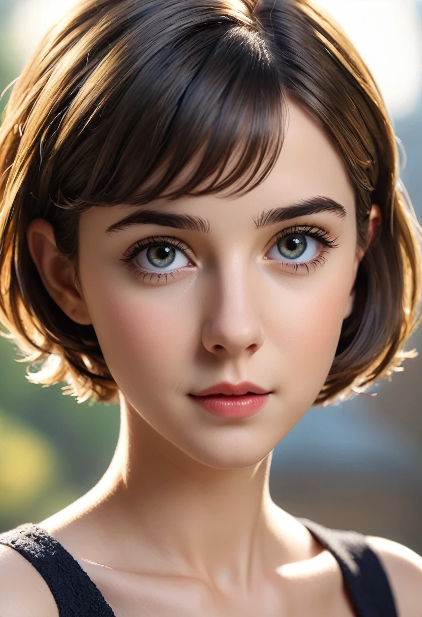 (best quality, 8K, 32k, masterpiece, Ultra HD:1.2) "Create a fascinating work of art,Featuring a young short-haired girl model, #13: Sleek Black Hair with a Chic Bob Hairstyle. Envision her bathed in dramatic Movie lighting, Create an atmosphere of charm and mystery. Emphasize romantic aesthetic atmosphere, Showing the model maintaining a calm and elegant pose,Evokes feelings of intimacy and maturity. Use warm and soft tones to enhance the romantic atmosphere, And consider adding elements like flowing fabrics or flowers,Add a touch of elegant beauty. Capturing the essence of romance and beauty through the model's expressions, The interpretation of light and shadow, And the overall beauty, Create a visually striking、Emotionally resonant works." (Perfect eyes), Flawless skin, Flawless face, Movie, Firm body,