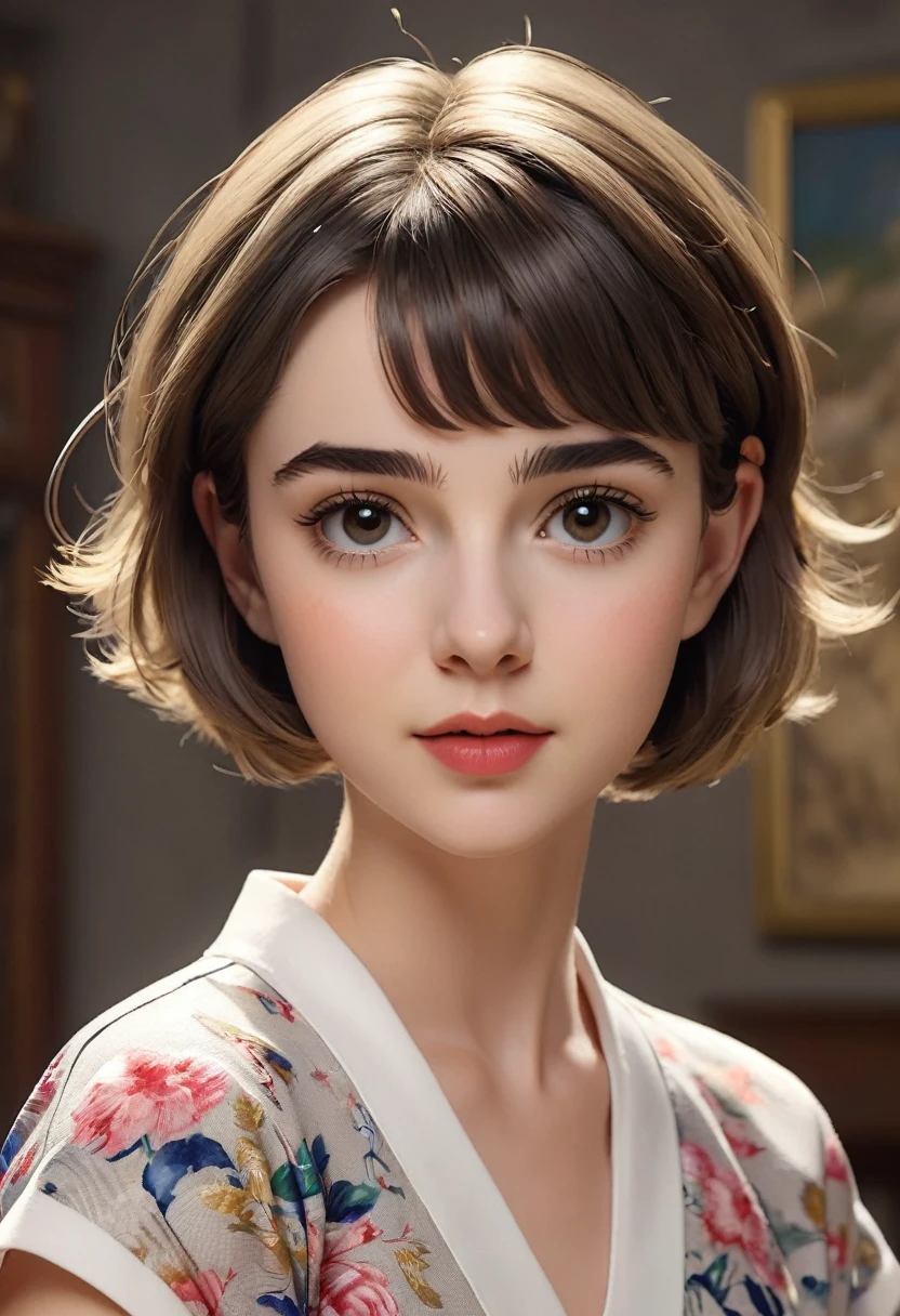 (best quality, 8K, 32k, masterpiece, Ultra HD:1.2) "Create a fascinating work of art,Featuring a young short-haired girl model, #13: Sleek Black Hair with a Chic Bob Hairstyle. Envision her bathed in dramatic Movie lighting, Create an atmosphere of charm and mystery. Emphasize romantic aesthetic atmosphere, Showing the model maintaining a calm and elegant pose,Evokes feelings of intimacy and maturity. Use warm and soft tones to enhance the romantic atmosphere, And consider adding elements like flowing fabrics or flowers,Add a touch of elegant beauty. Capturing the essence of romance and beauty through the model's expressions, The interpretation of light and shadow, And the overall beauty, Create a visually striking、Emotionally resonant works." (Perfect eyes), Flawless skin, Flawless face, Movie, Firm body,