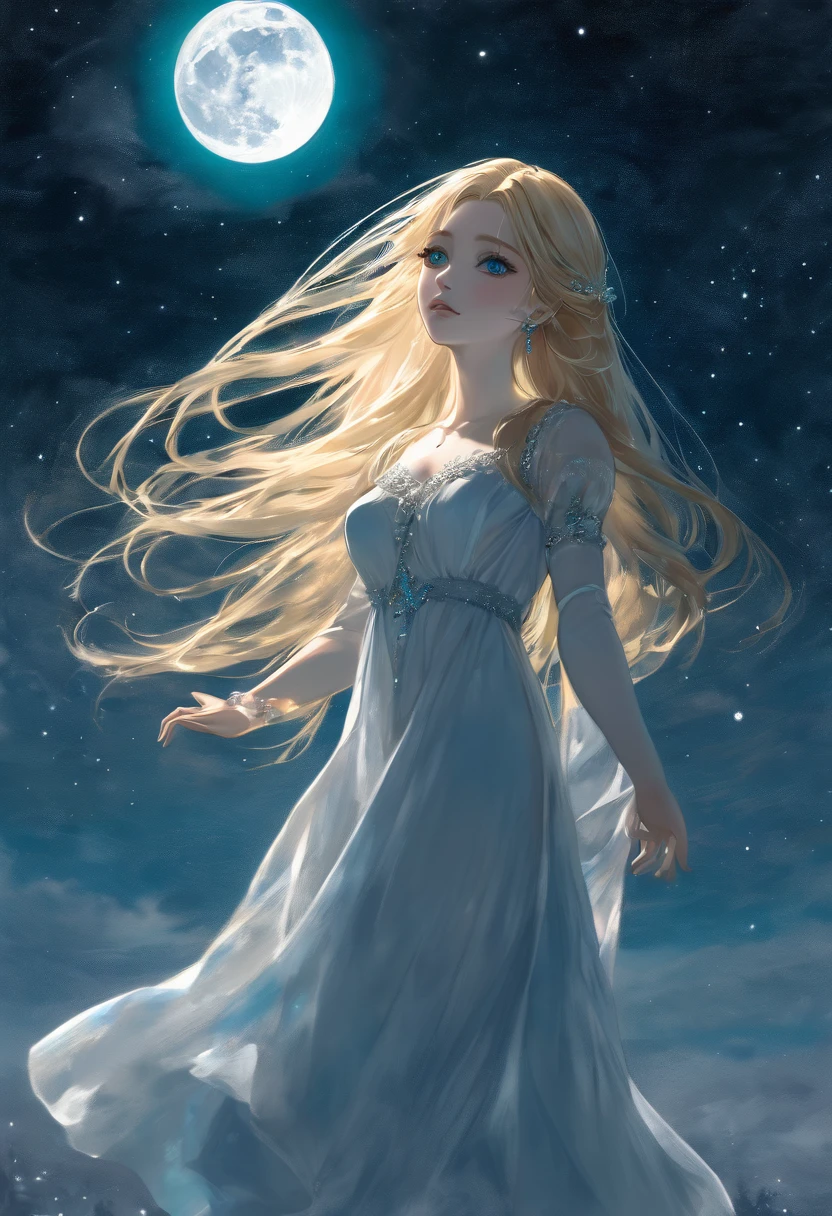masterpiece, (Highest quality:1.2), (Super detailed:1.2), figure, (Very delicate and beautiful:1.2),Movie angle,floating, (Beautiful attention to detail:1.1), (Detailed light:1.1),Cinema Lighting, Beautifully detailed skies, woman,euphilia, One Girl,Anime girl with long blonde hair and dark turquoise eyes in a white dress (moon:1.2), (moonlight:1.1), Starry Sky, (Lighting particles:1.1), fog, Snow Painting, sketch, bloom