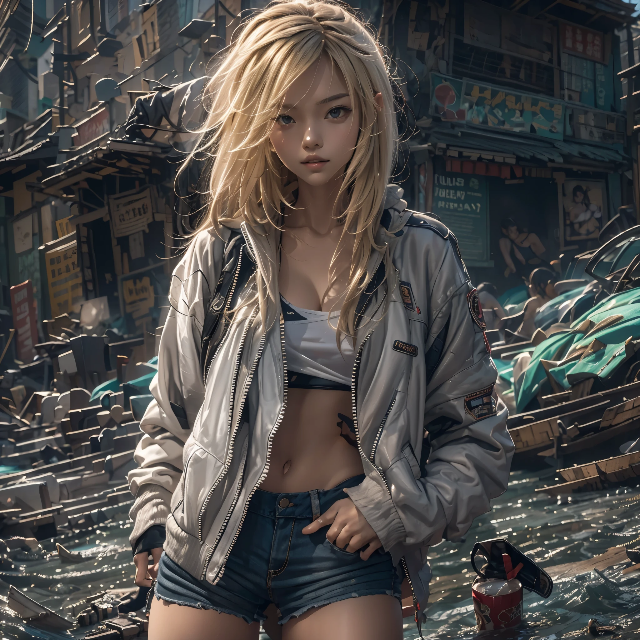 masutepiece, 1 female，13 years old, Raw photo，Photorealism，High resolution，Best Quality，High Definition, Perfect composition, 
Perfect face, Perfect body, 32K，
Cinematic lighting，torn and ripped clothing, jacket open, naked chest, Real Girl，blond，Slum street background, messy hair, 
seductive, lust
