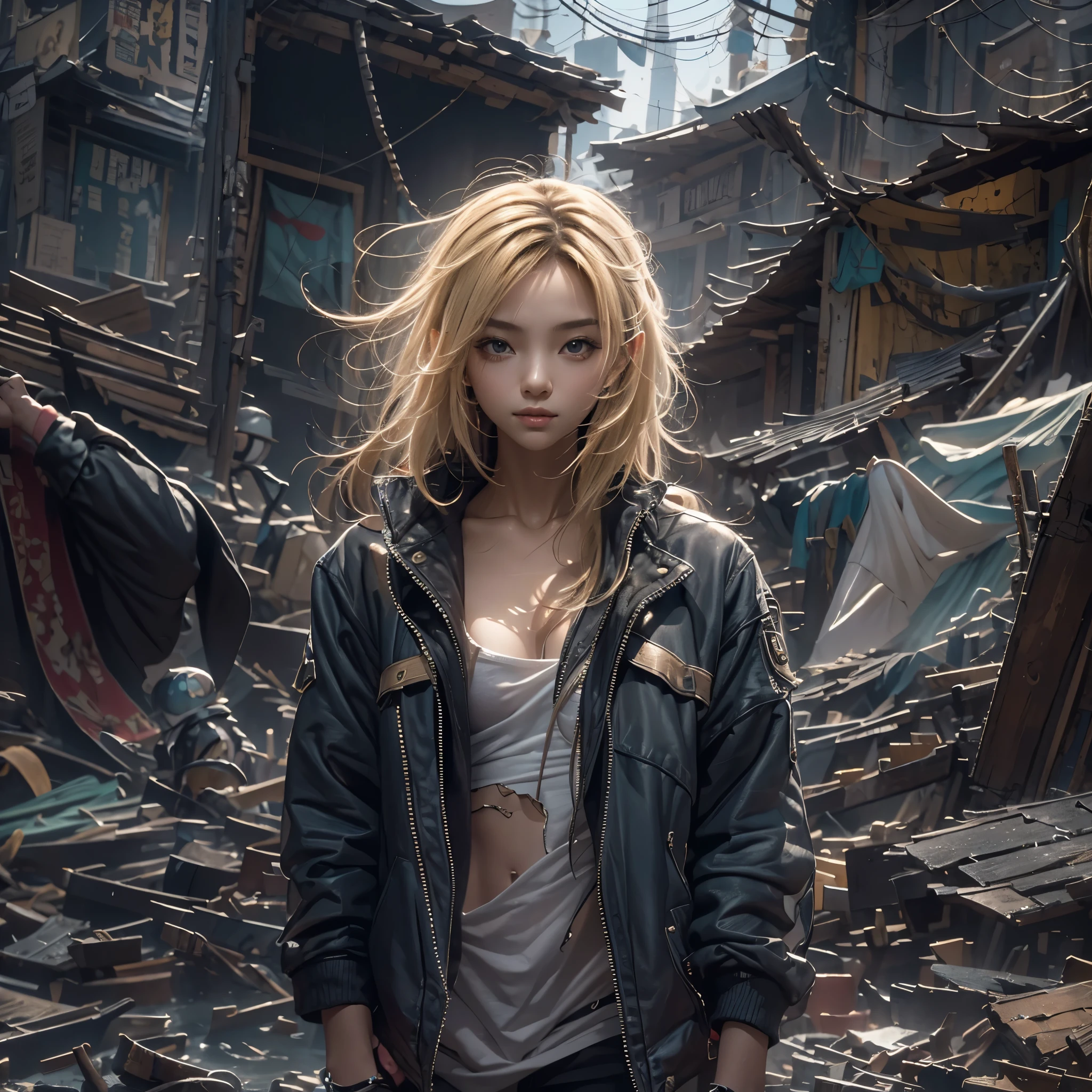 masutepiece, 1 female，13 years old, Raw photo，Photorealism，High resolution，Best Quality，High Definition, Perfect composition, 
Perfect face, Perfect body, 32K，
Cinematic lighting，torn and ripped clothing, jacket open, naked chest, Real Girl，blond，Slum street background, messy hair, 
seductive, lust
