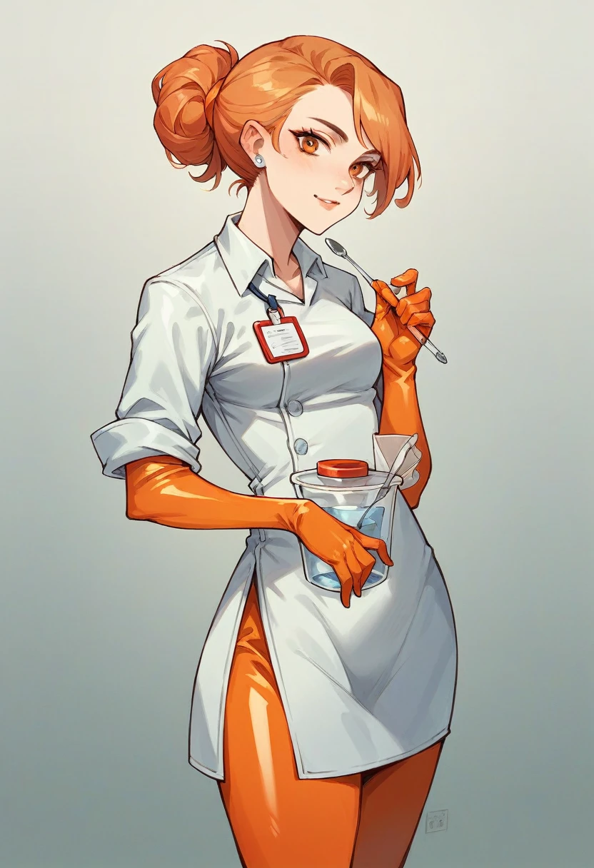 1girl, ((orange elbow gloves)), ((surgical gloves)), ((latex gloves)), ((long sleeves)) ((surgeon outfit)), looking at viewer, ((doctor)), standing, solo
