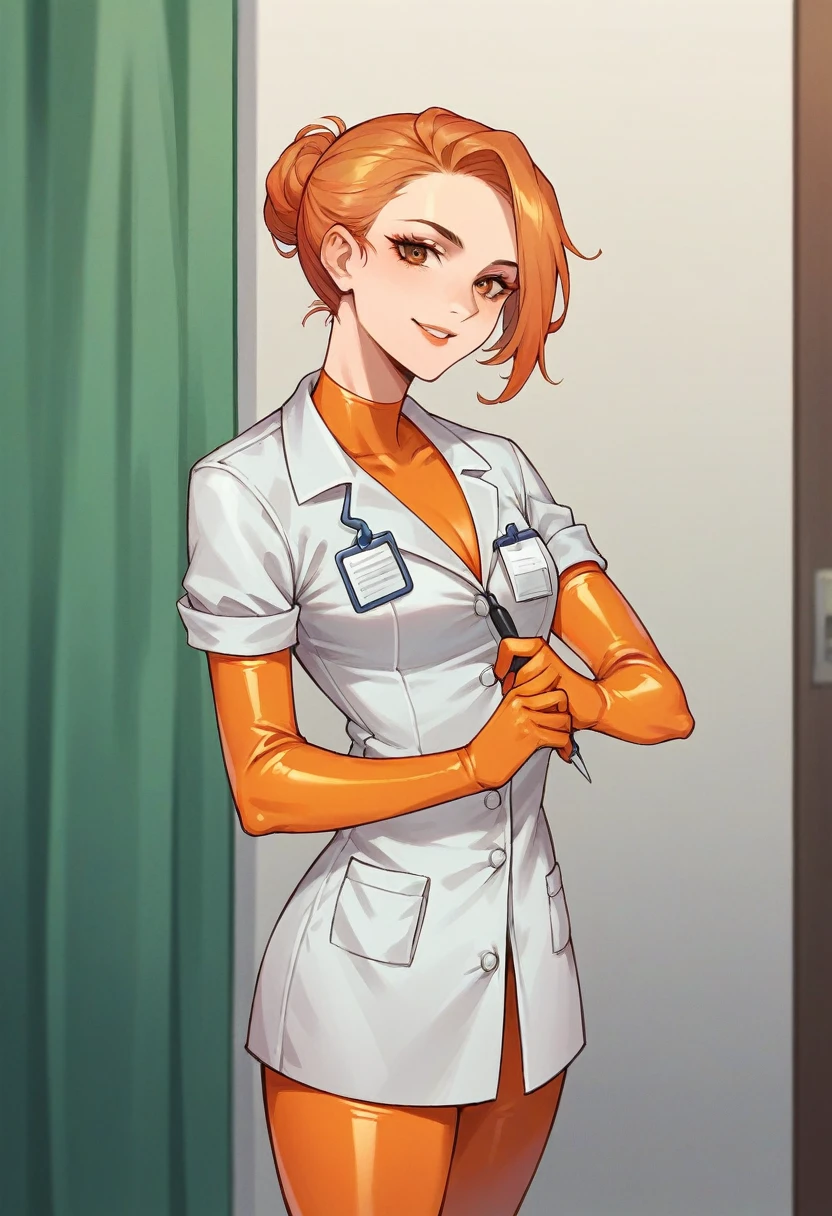 1girl, ((orange elbow gloves)), ((surgical gloves)), ((latex gloves)), ((long sleeves)) ((surgeon outfit)), looking at viewer, ((doctor)), standing, solo