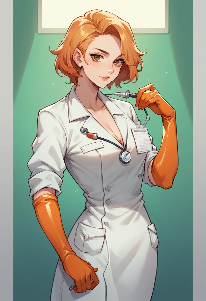 1girl, ((orange elbow gloves)), ((surgical gloves)), ((latex gloves)), ((long sleeves)) ((surgeon outfit)), looking at viewer, ((doctor)), standing, solo