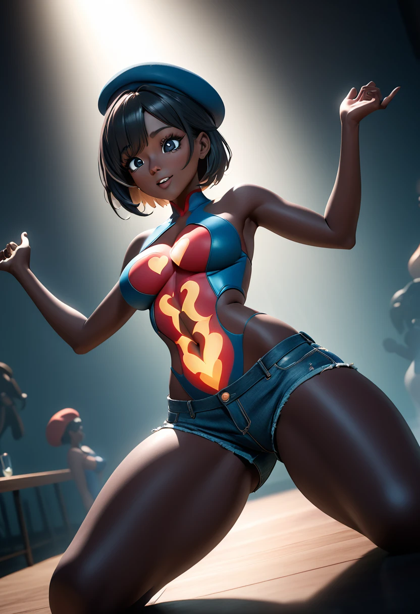 {{{{{{{{ unreal Engine, cel-shaded animation,  masterpiece, hdr, 4k, ray tracing detailed background, amazing quality, incredibly aesthetic, incredible sharp absurdres, incredibly sharp gradients, deep highlights,  {{connie maheswaran}}, sensualcore,  hyper stylistic, Raw sensuality, fabric texture, sensuous angle, skin indentations, flowing emotions }}}}}, { very darkskin,, age 25, photoshoot in a club, dancing, strong, attractive, perfect},  sensous open back bodysuit, micro shorts star back pockets, beret, "flirty fighter " text along chest , "heart☆berry" stomach tattoo,  teasing, perfect body, square-shaped figure, wide heart hips, perfect black eyes, perfect face, perfect hands, perfect charm, mischievous prankster, impact frame, motion lines, details, , cool tones, rich atmospheric shading, sensual shadowing, Life size body, dynamic angle, dynamic pose,  dynamic perspective, dynamic Line of action, dynamic scenery, atmospheric lighting, Cinematography, 