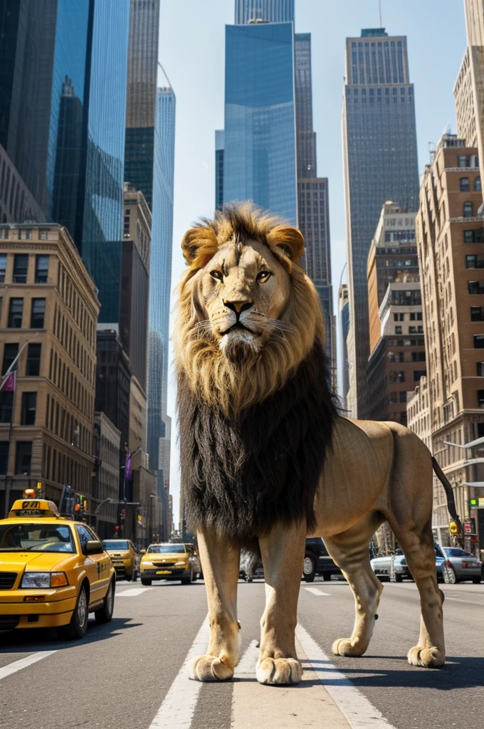 " lion standing in the middle of a busy Manhattan street. Skyscrapers and yellow taxis visible in the background. The lion looks calm and regal, contrasting with the hustle and bustle of the big city. Realistic style, daytime lighting, detailed urban environment