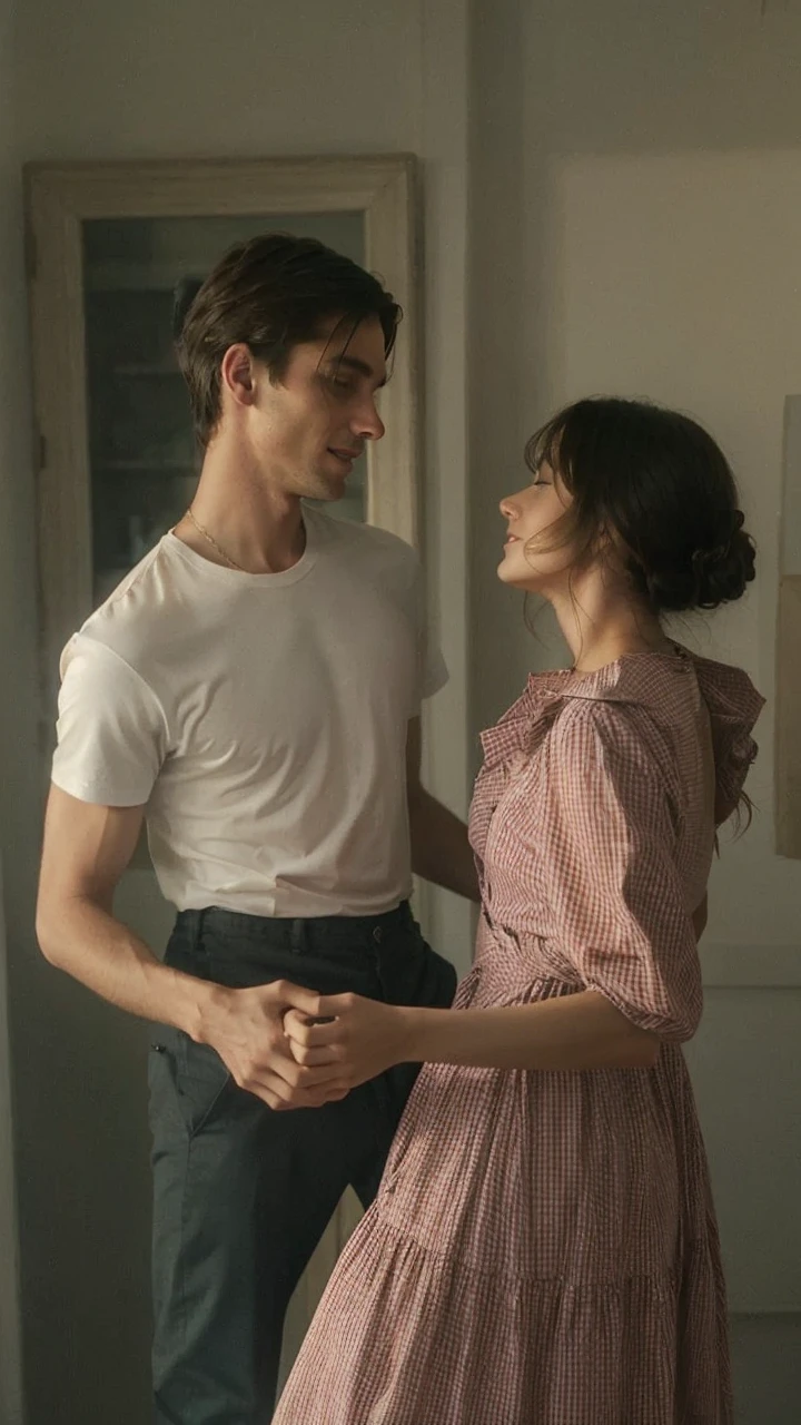 a couple dancing where the woman has long, dark hair and the man has completely blonde hair and their faces are fully visible