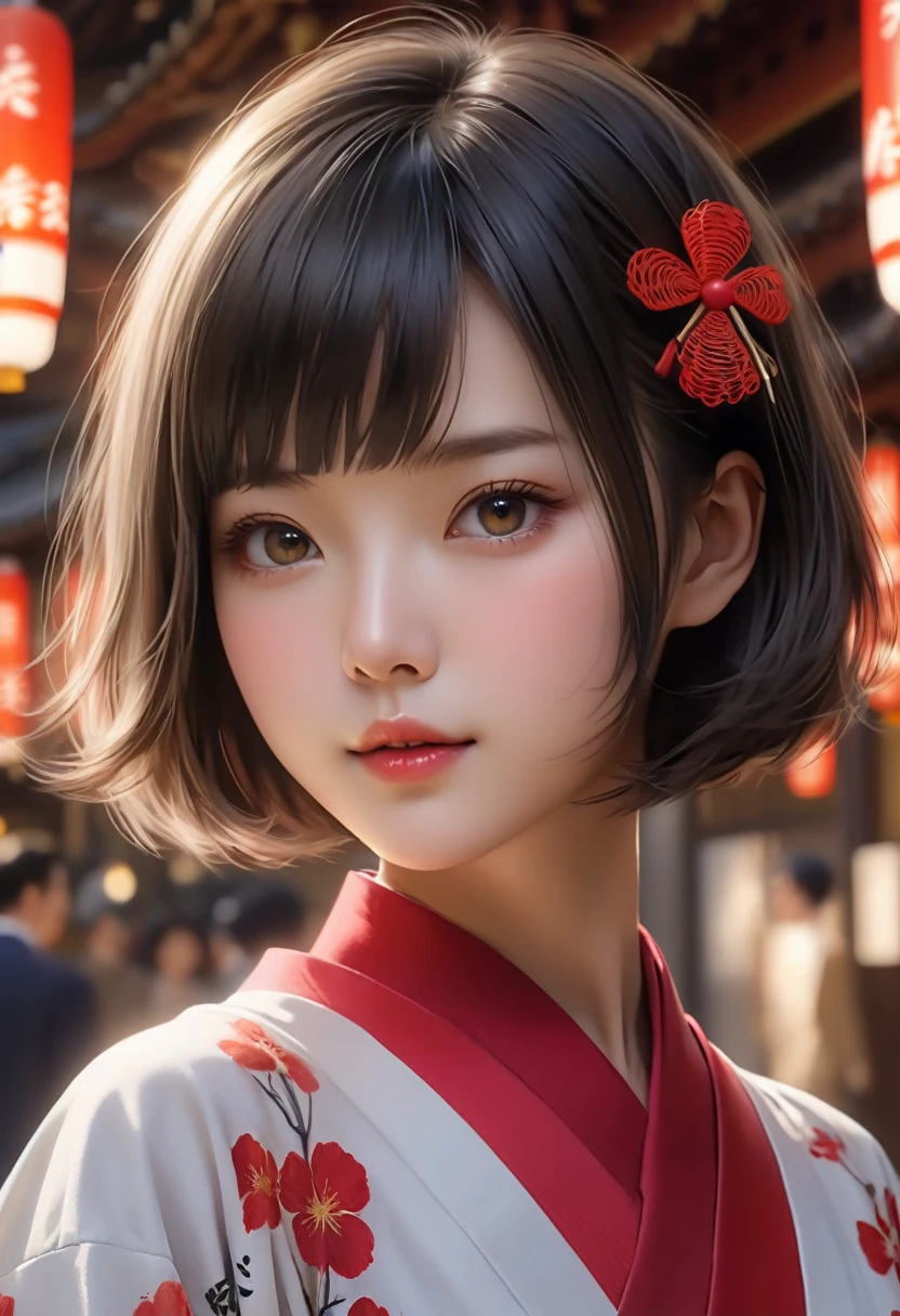 (best quality, 8K, 32k, masterpiece, Ultra HD:1.2) "Create a fascinating work of art，Featuring a young Japanese girl model with short hair, #13: Sleek Black Hair with a Chic Bob Hairstyle. Envision her bathed in dramatic Movie lighting, Create an atmosphere of charm and mystery. Emphasize romantic aesthetic atmosphere, Showing the model maintaining a calm and elegant pose，Evokes feelings of intimacy and maturity. Use warm and soft tones to enhance the romantic atmosphere, And consider adding elements like flowing fabrics or flowers，Add a touch of elegant beauty. Capturing the essence of romance and beauty through the model&#39;s expressions, The interpretation of light and shadow, And the overall beauty, Create a visually striking、Emotionally resonant works." (Perfect eyes), Flawless skin, Flawless face, Movie, Firm body, ((Shapely female hands)), ((Female hand with five digit))