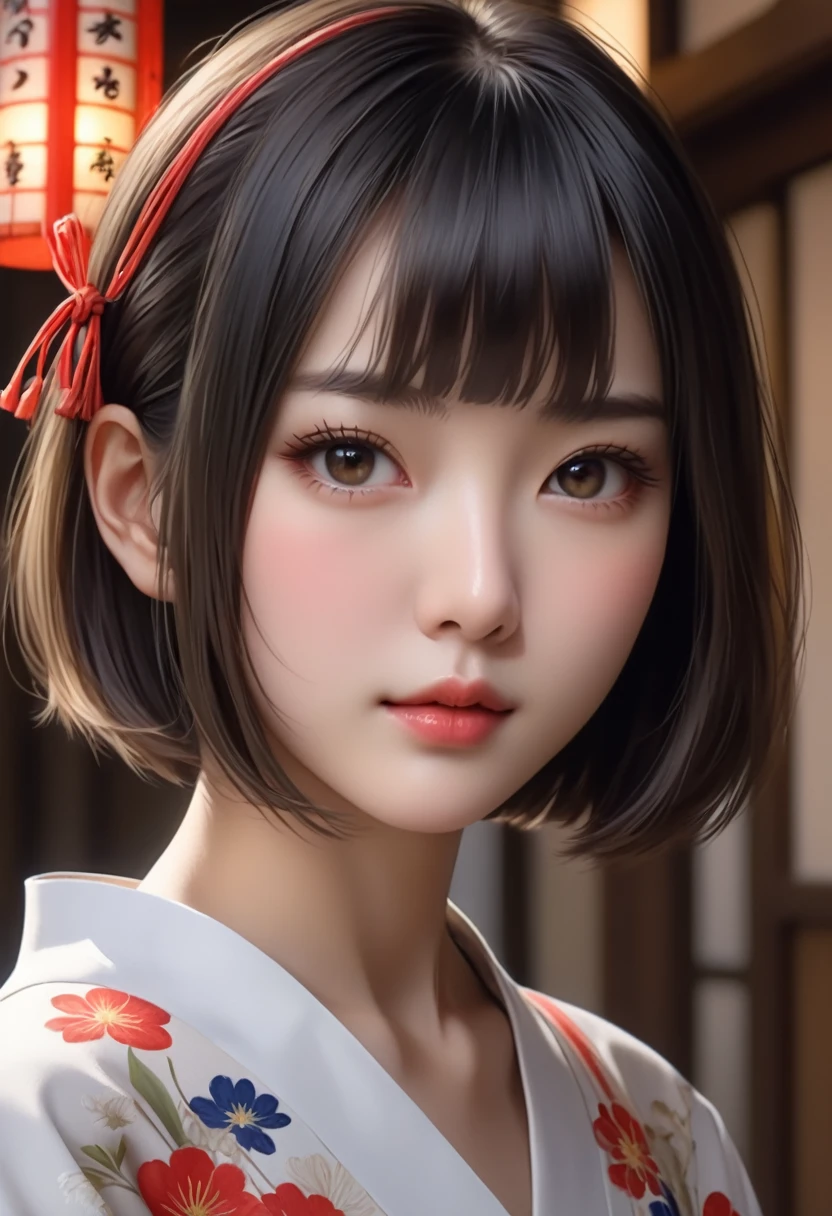 (best quality, 8K, 32k, masterpiece, Ultra HD:1.2) "Create a fascinating work of art,Featuring a young Japanese girl model with short hair, #13: Sleek Black Hair with a Chic Bob Hairstyle. Envision her bathed in dramatic Movie lighting, Create an atmosphere of charm and mystery. Emphasize romantic aesthetic atmosphere, Showing the model maintaining a calm and elegant pose,Evokes feelings of intimacy and maturity. Use warm and soft tones to enhance the romantic atmosphere, And consider adding elements like flowing fabrics or flowers,Add a touch of elegant beauty. Capturing the essence of romance and beauty through the model's expressions, The interpretation of light and shadow, And the overall beauty, Create a visually striking、Emotionally resonant works." (Perfect eyes), Flawless skin, Flawless face, Movie, Firm body, ((Shapely female hands)), ((Female hand with five digit))