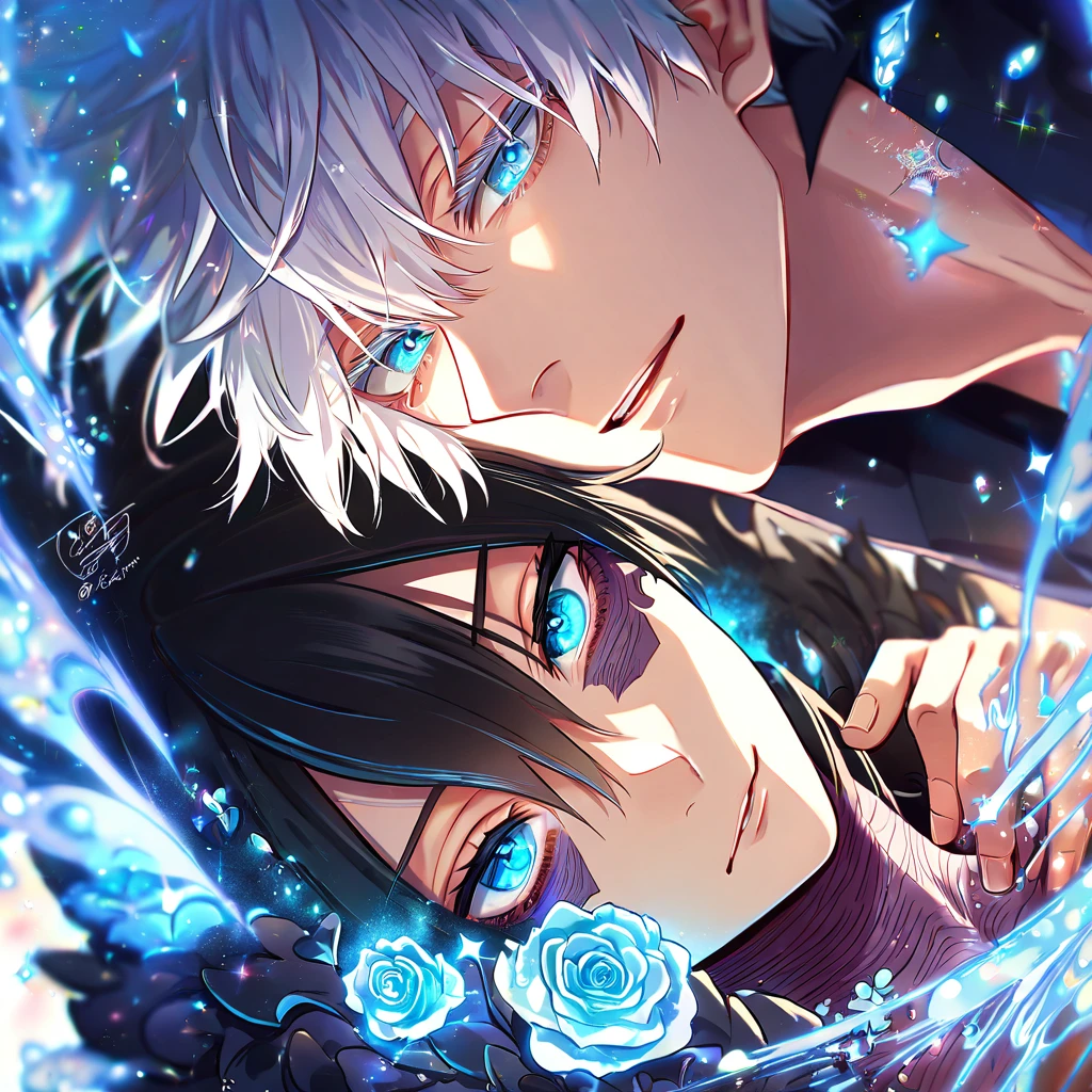 (absurdres, highres, ultra detailed, HDR) master piece, best quality, extremely detailed face, delicated features, Dabi, black hair, expressive turquoise eyes, Boku No Hero Academia, Gojou Satoru, white hair, expressive blue eyes, white eyelashes, two sexy men together, yaoi, gay couple, handsome, smile, black coat, blue coat with fur, magical fantasy, glittering, sparkling, blue roses, radiant, blue sparkling fireflies, blue fire, envy magical, city