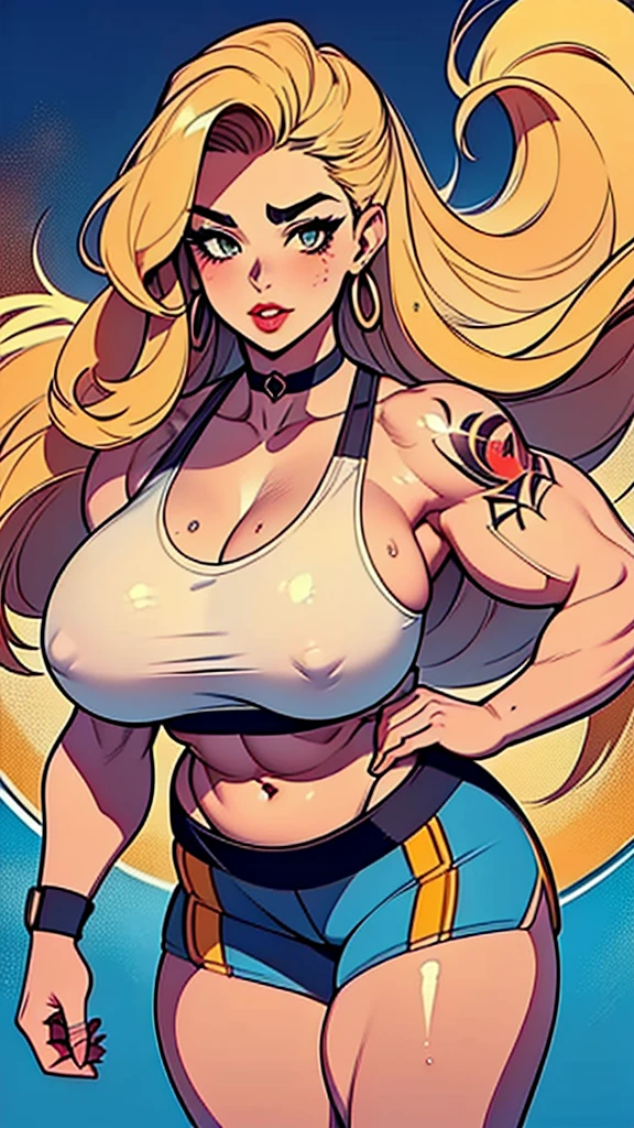 (beautiful detailed photo), (high quality image), (((confident woman))), (((gorgeous face))), (((full plump lips))), (((beautiful eyes))), long curly blonde hair, (((huge muscles))), (((big breast))), (((broad wide shoulders))), (((huge broad muscular shoulders))), (((thin skinny thighs))), (((tattoo on arm))), ((sexy sports bra)), ((sexy spandex shorts)), (choker), (((sexy pose)))